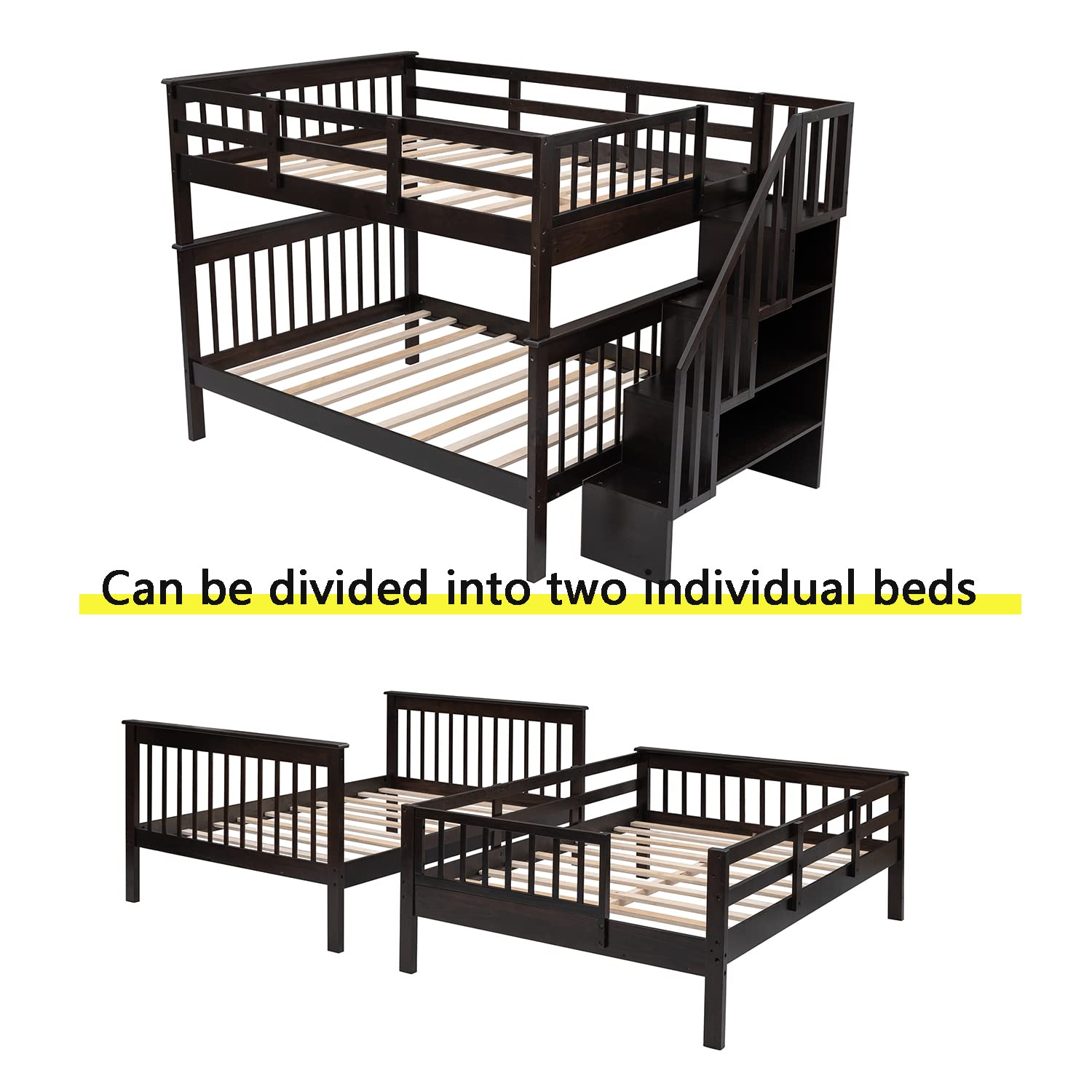 Full Over Full Bunk Beds with Shelves & Stairs - Wooden Bunk Bed Frame with Storage for Kids, Teens & Adults - Detachable Design for Boys, Girls, Women & Men - Espresso Finish - Perfect for Small Bedrooms, Guest Rooms & Shared Kids' Rooms