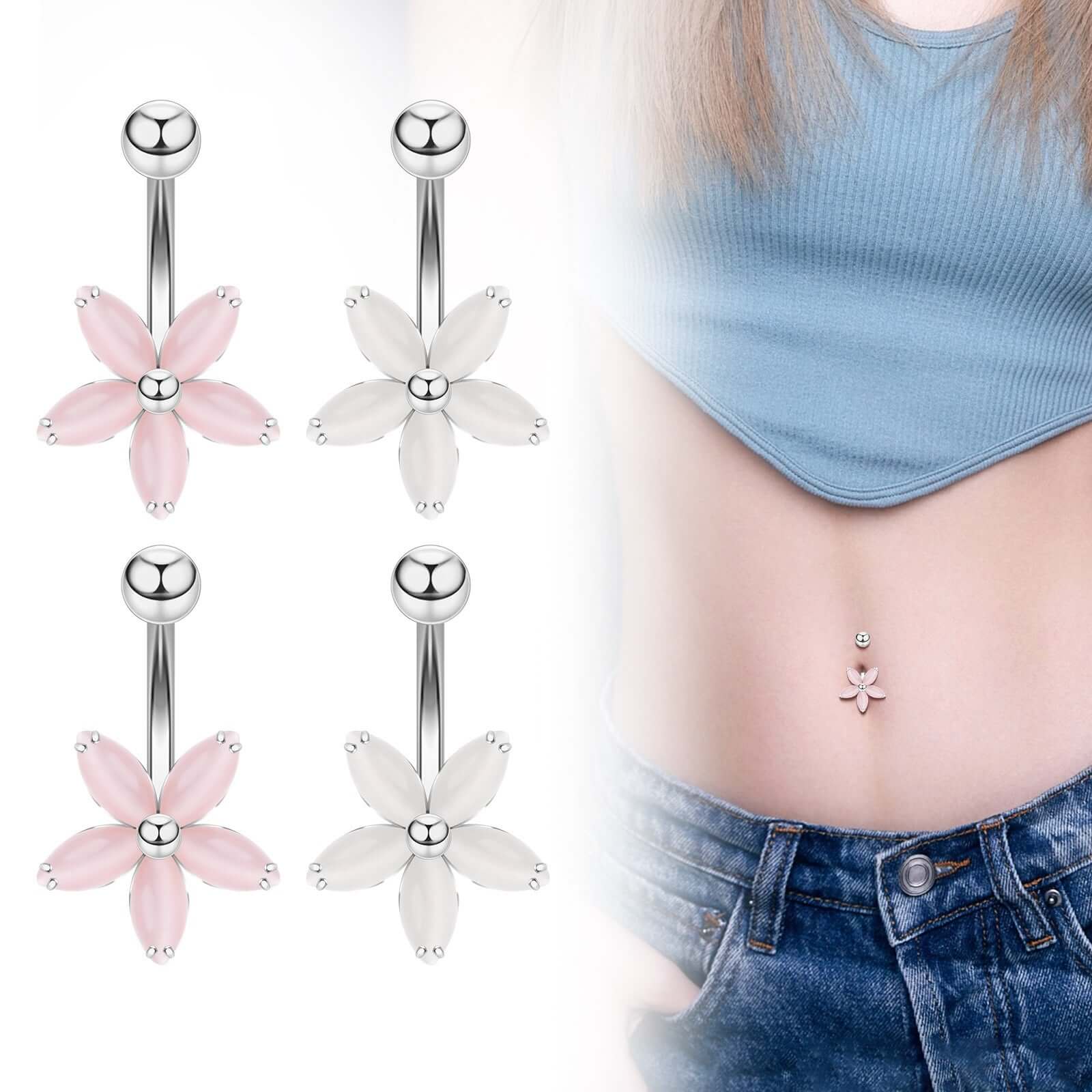 Cat's Eye Stone Flower Belly Button Ring & Body Jewelry | UZ661 | Perfect for Piercings, Parties & Fashion Accessories