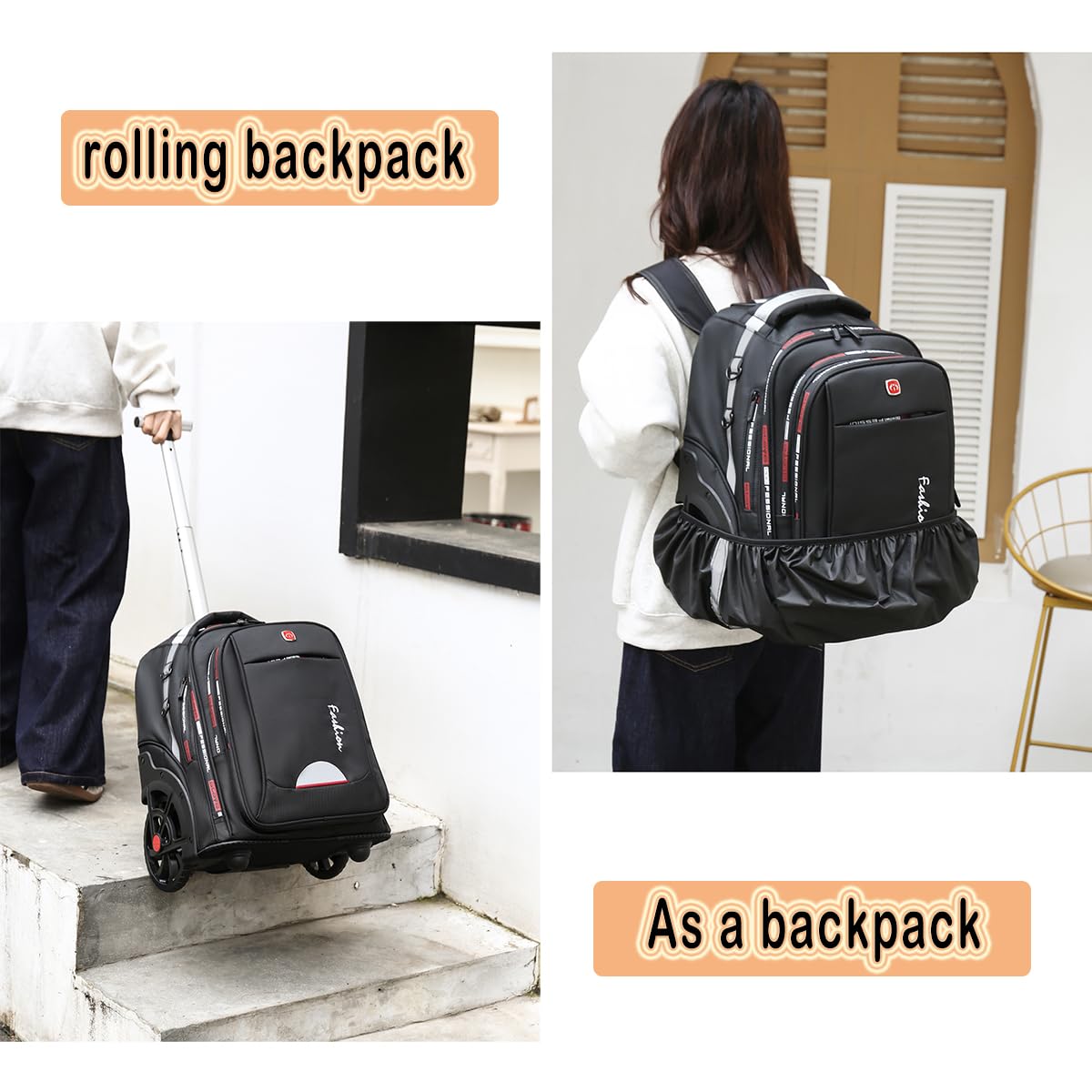 22 Inch Rolling Backpack with Wheels - Waterproof Wheeled Travel Backpack for Men & Women, Carry-On Luggage with Laptop Compartment Fits 17 Inch Laptop, Black - Perfect for Air Travel, Business Trips & School Use