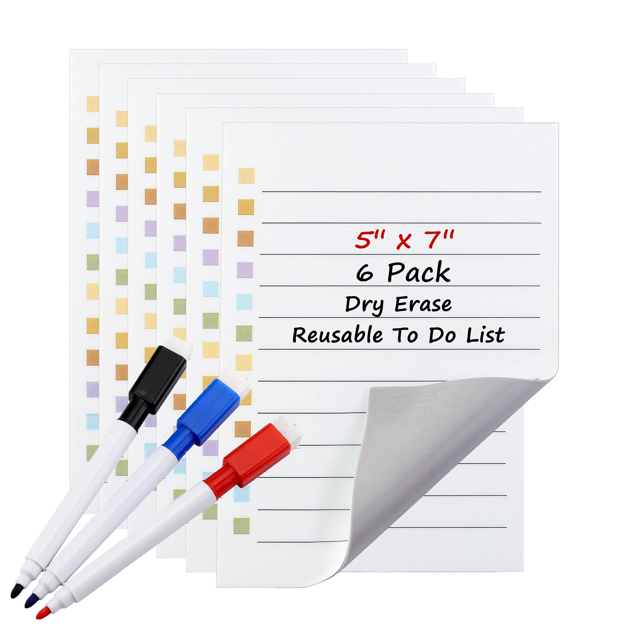 Yoption 6-Pack Reusable Dry Erase Sticky Notes - 5''x7'' Whiteboard Stickers for To-Do Lists, Task Charts & Daily Planners - Includes 3 Markers - Perfect for Home, Office, Fridge & Mirror Organization