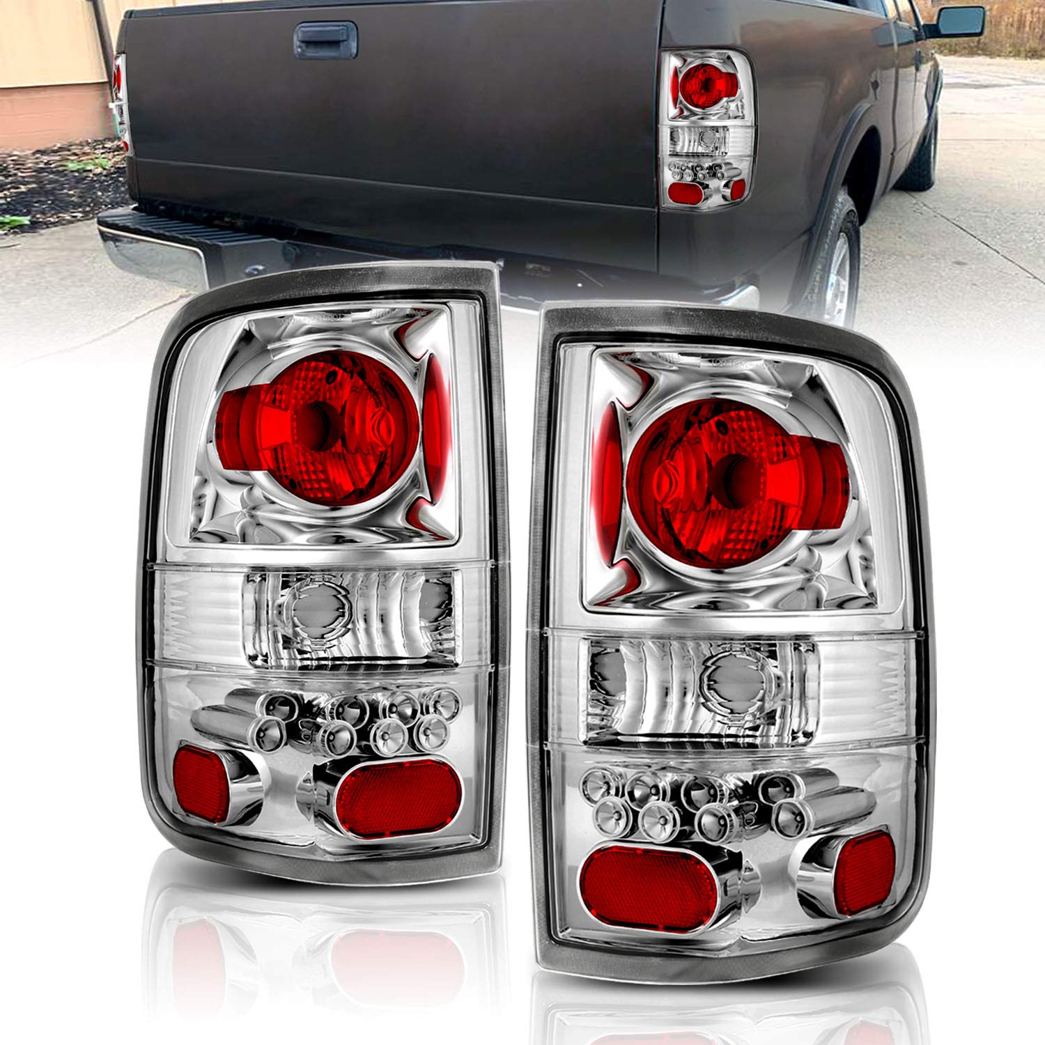 2004-2008 Ford F-150 Pickup Truck Chrome Brake Tail Lights Assembly Set - Left & Right Side Replacement for Enhanced Visibility & Style - Perfect for Night Driving & Custom Upgrades