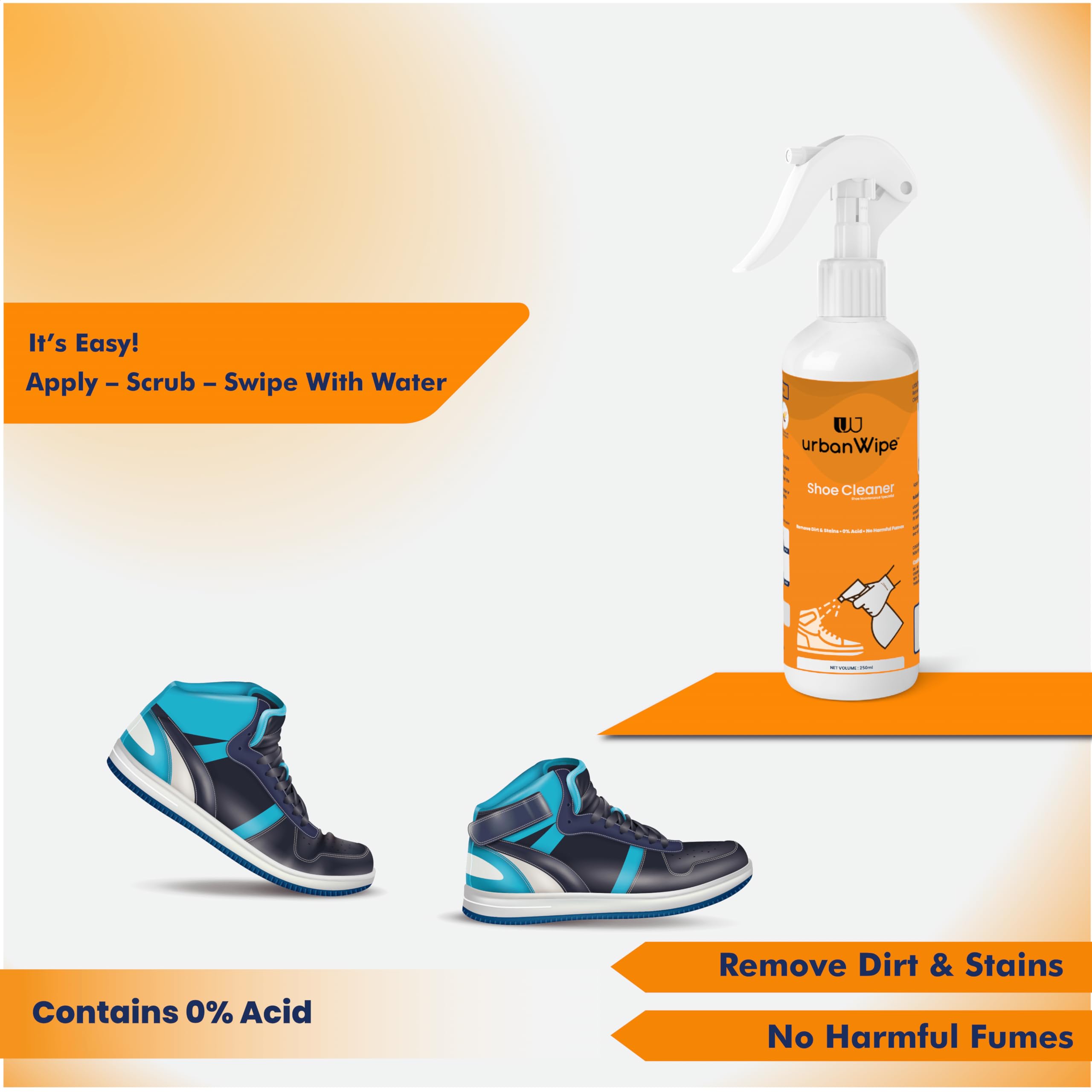 urbanWipe Eco-Friendly Sneakers & Sports Shoe Cleaner (250 ML) - Gentle Cleaning Solution for White Shoes, Mesh Sneakers & Athletic Footwear - Perfect for Gym, Running & Everyday Use