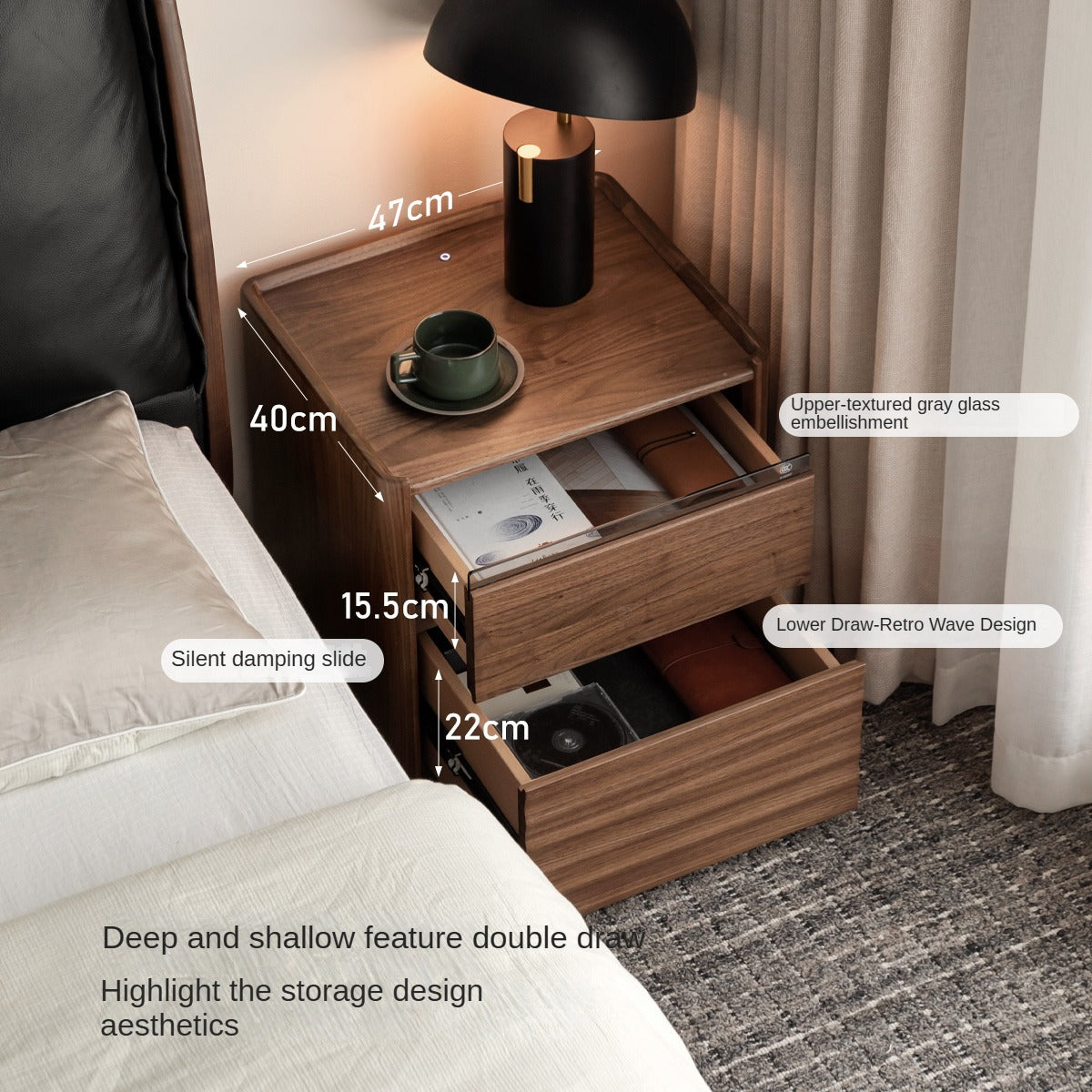 Black Walnut Solid Wood Nightstand - Minimalist Bedside Table for Bedroom, Living Room & Office | Durable & Stylish Storage Solution