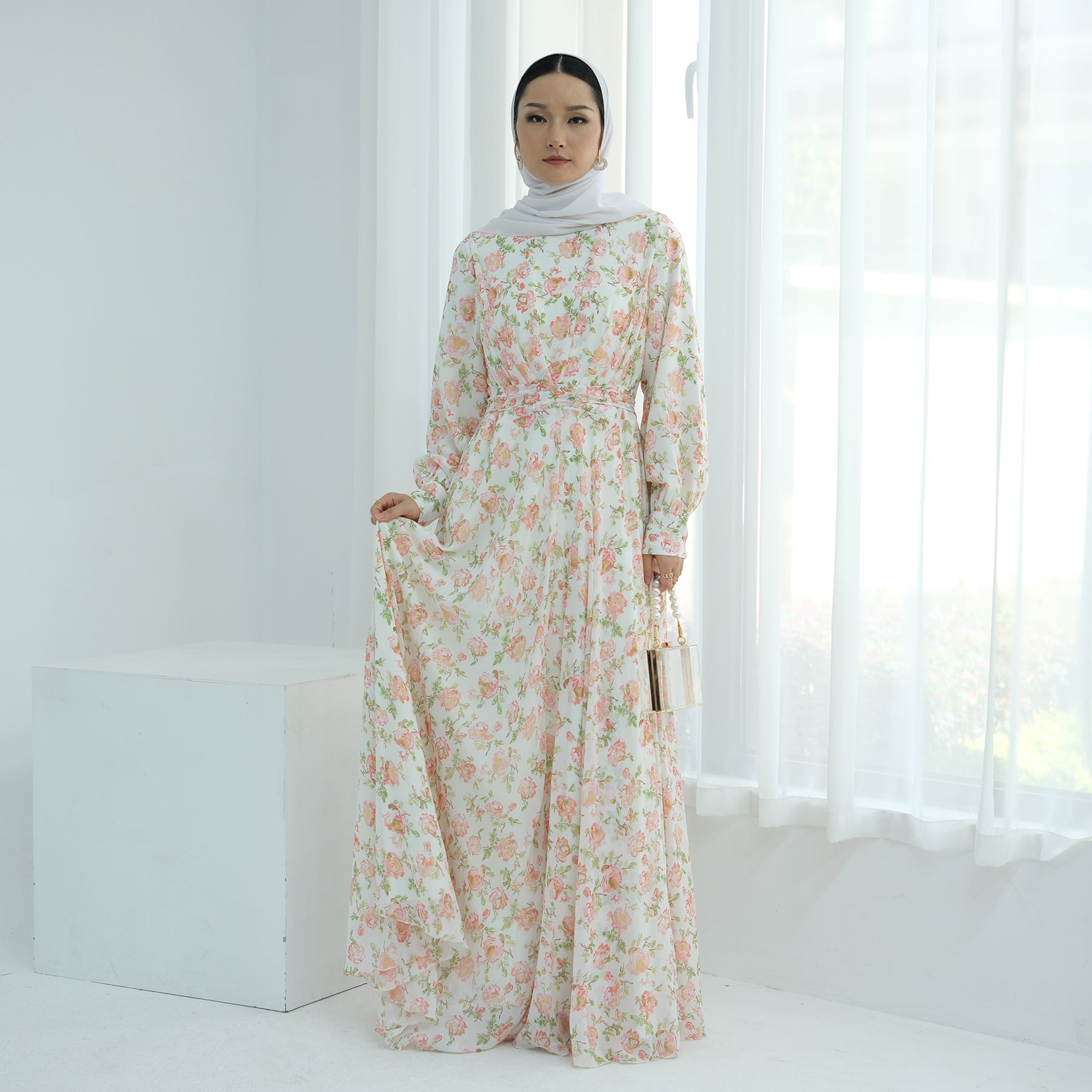 Gardenia Floral Maxi Dress in Coral Green - Elegant Summer Beach Dress for Women, Perfect for Vacations, Weddings & Outdoor Parties