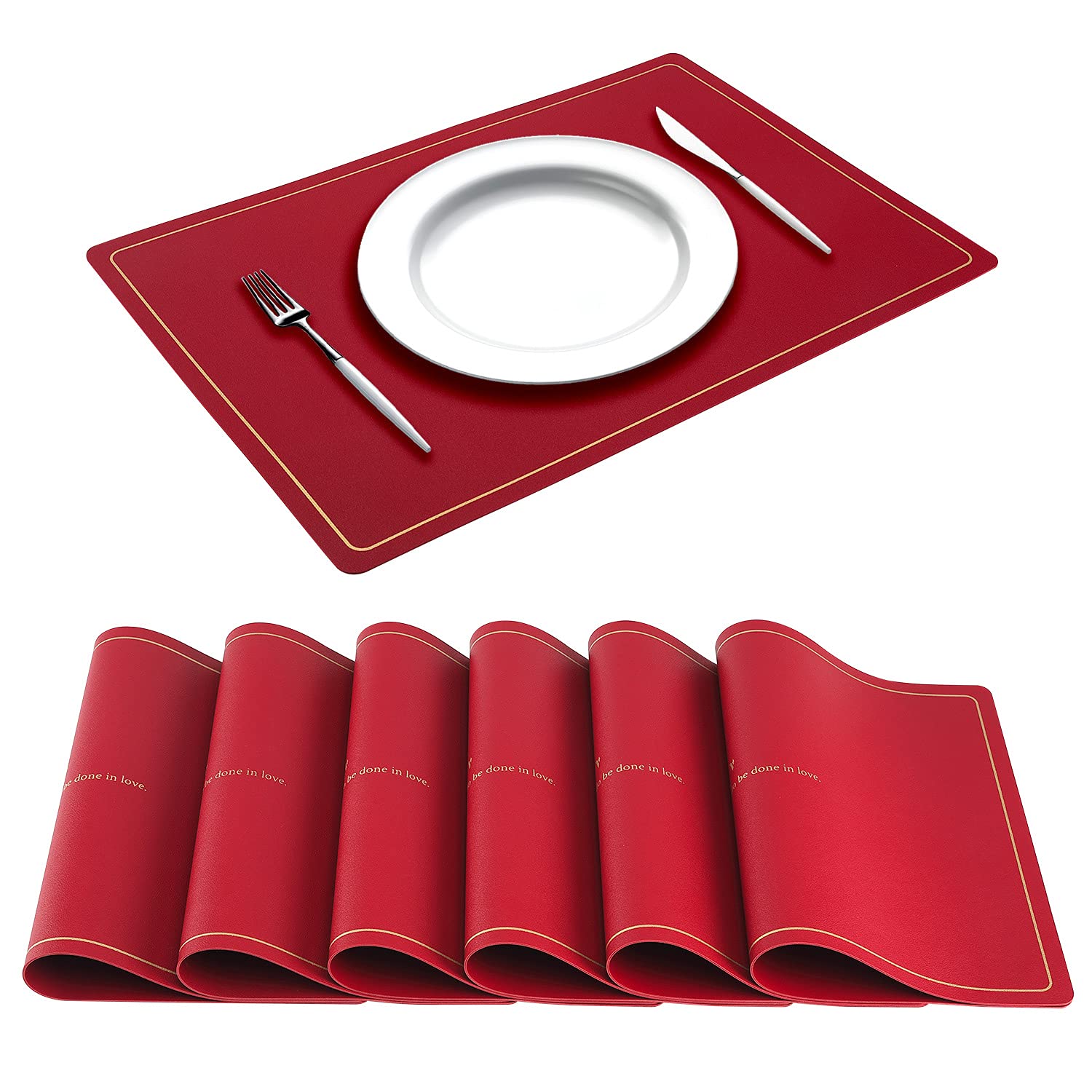 Premium Faux Leather Placemats Set of 6 - Heat Resistant, Waterproof & Stain Resistant Table Mats - Modern Wipeable Dining Table Placemats in Red - Perfect for Everyday Meals, Dinner Parties & Holiday Decor
