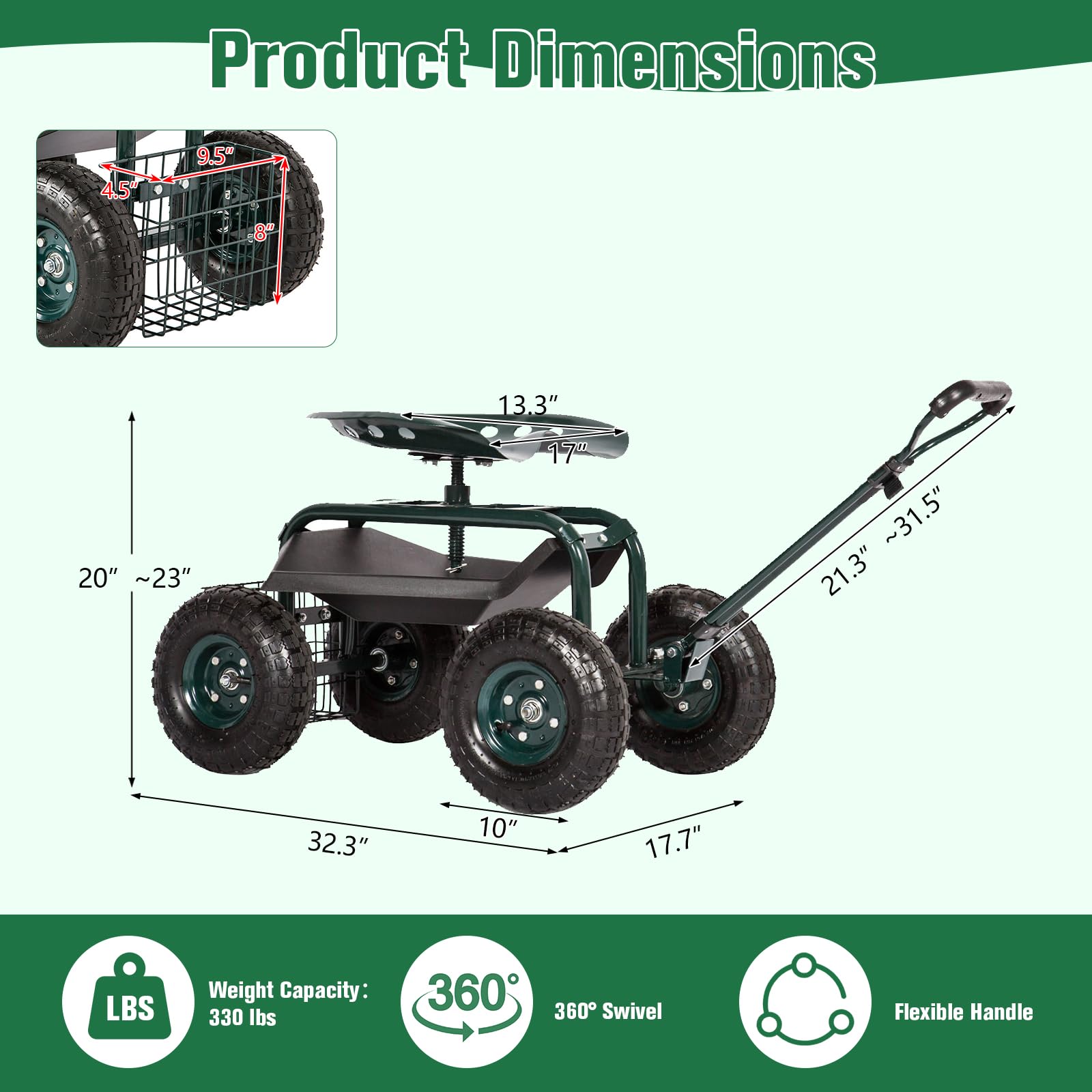 KINTNESS Heavy Duty Garden Cart Wagon with Swivel Seat, Extendable Handle & Utility Basket - Foldable Outdoor Utility Cart for Gardening, Yard Work, Camping, Picnics (Green)