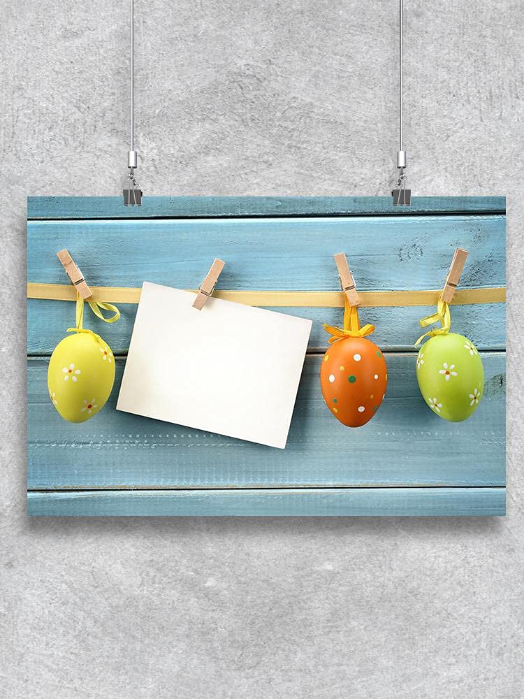 Easter Eggs Hanging on Wooden Poster - Spring Home Decor, Wall Art for Living Room & Nursery - Perfect for Easter Party Decorations & Seasonal Home Styling