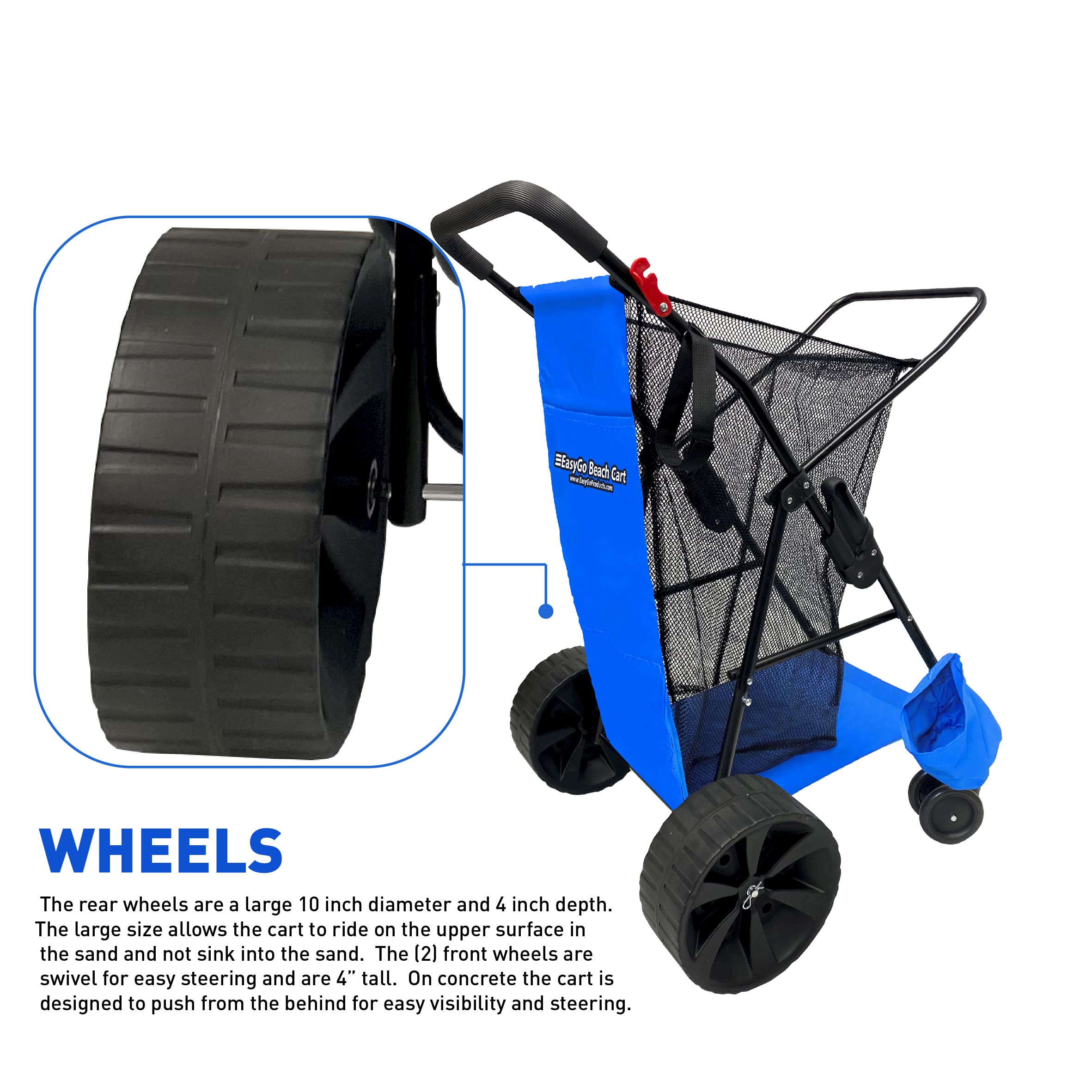 EasyGo Heavy Duty Folding Beach Cart with Large Sand Wheels - Holds 4 Chairs, Storage Pouch & Umbrella Holder - Blue | Perfect for Beach Trips, Camping, Picnics & Outdoor Adventures