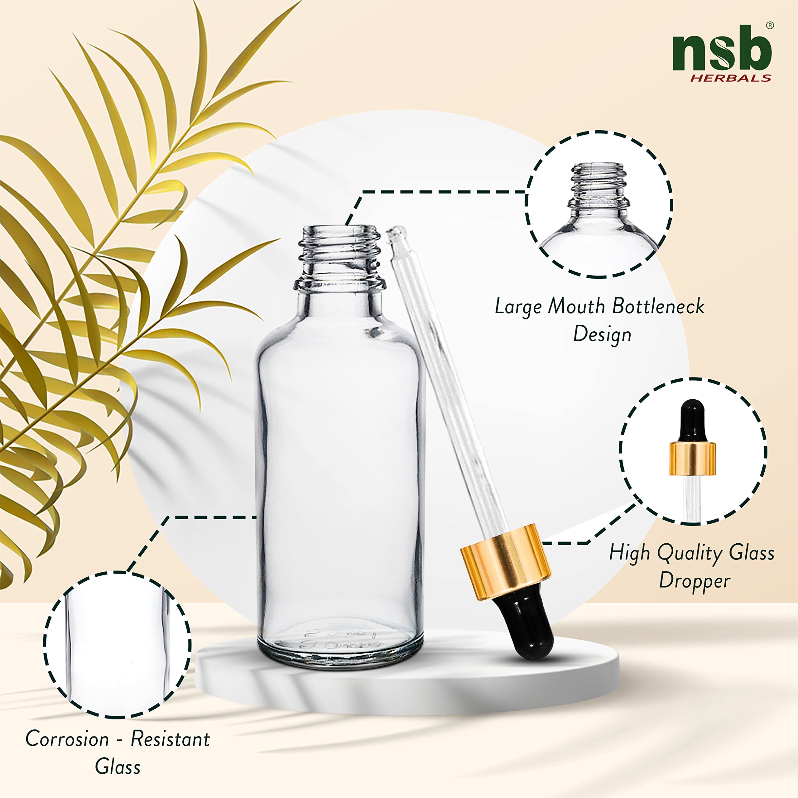 NSB Herbals 50ml Clear Round Empty Glass Bottle with Glass Dropper, Golden Ring & Black Silicone Teat - Refillable for Essential Oils, Perfumes, DIY Beauty (Pack of 3) | Perfect for Aromatherapy, Travel & Home Use
