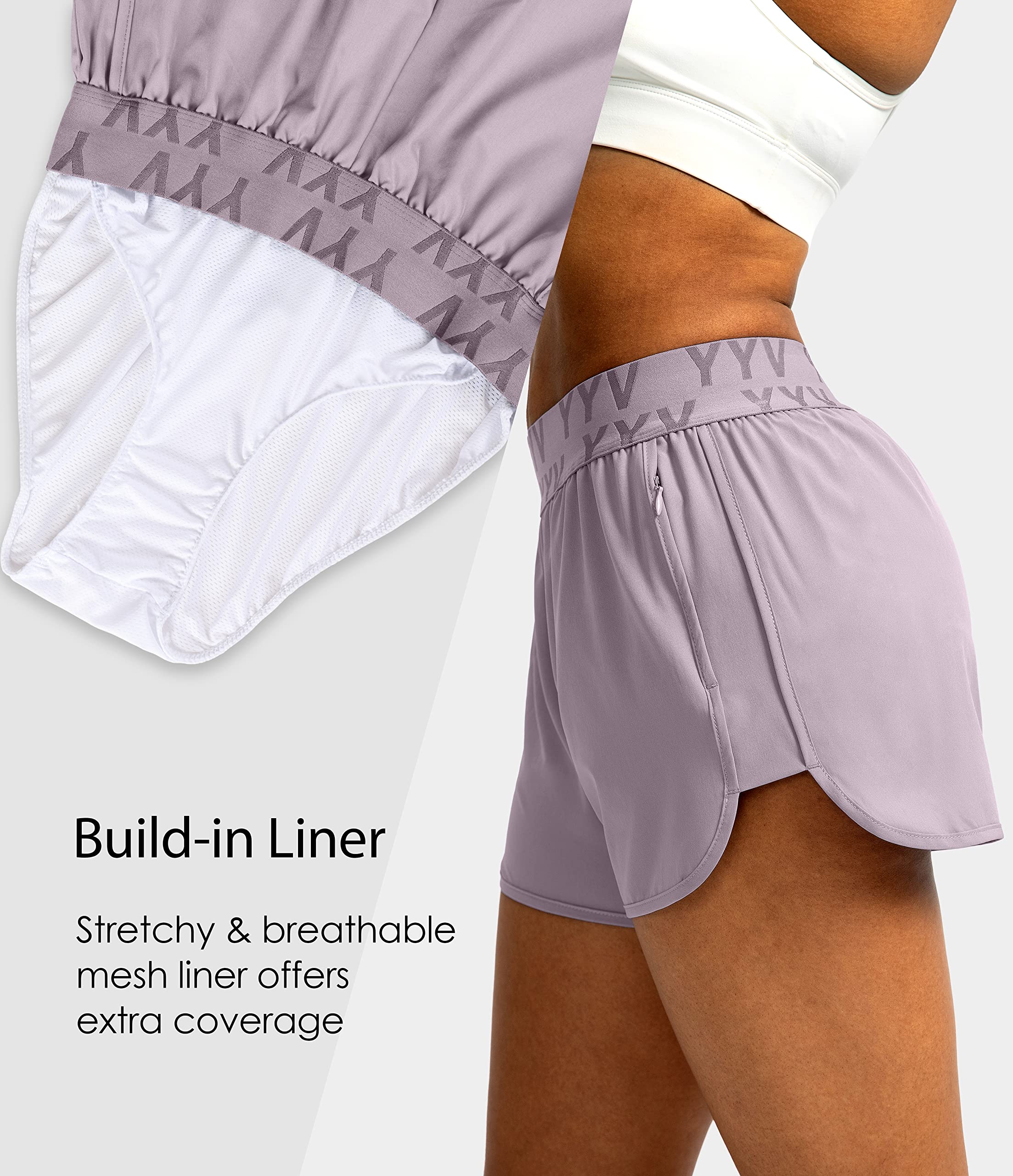 YYV Women's Running Shorts with Zipper Pockets - Quick-Dry Elastic Waist Athletic Gym Shorts with Liner - Perfect for Jogging, Workouts & Yoga