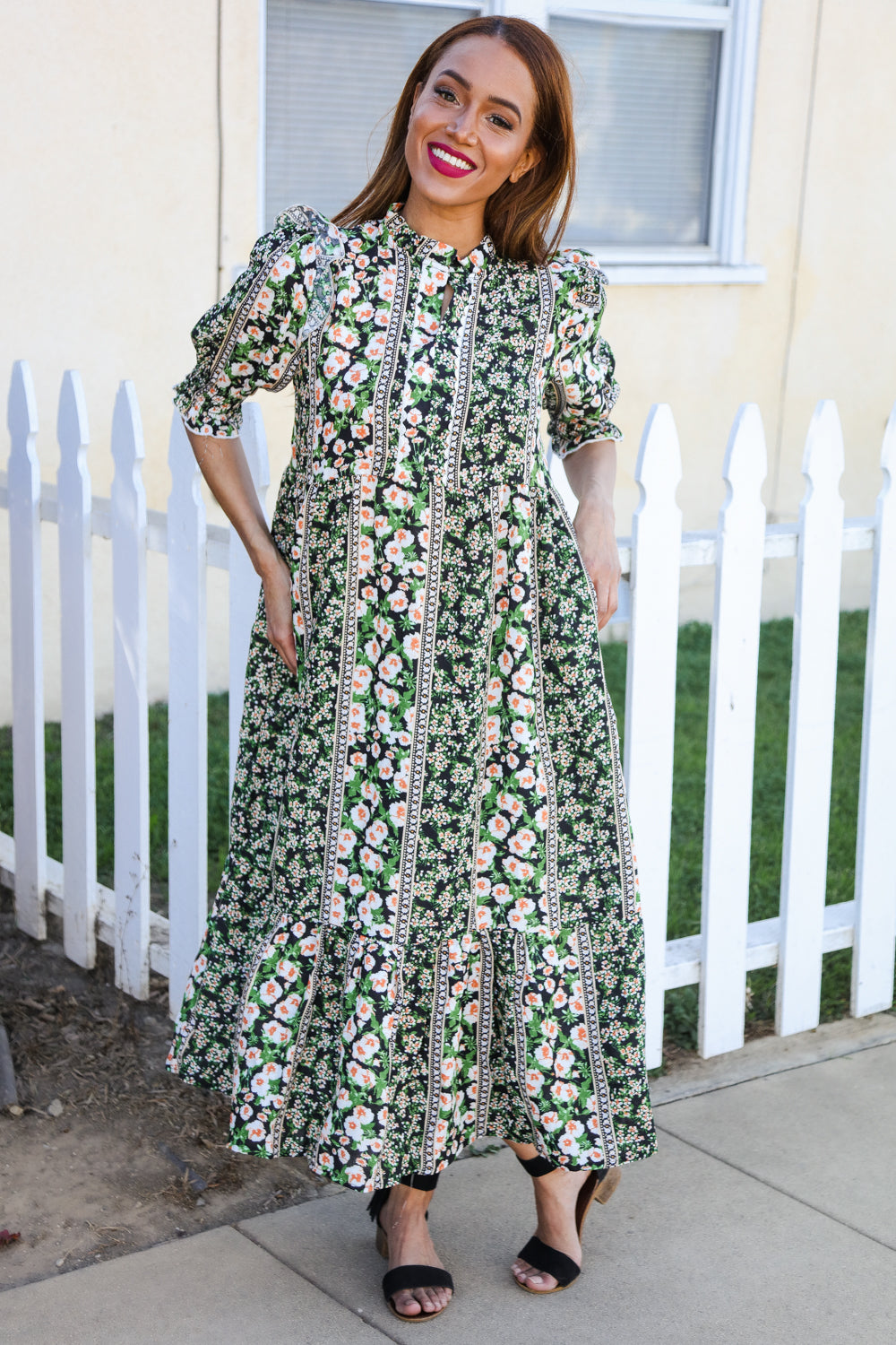 Elegant Black & Green Ruffled Notch Neck Babydoll Smocked Midi Dress for Women | Flowy Summer Dress for Date Night, Garden Party & Special Occasions