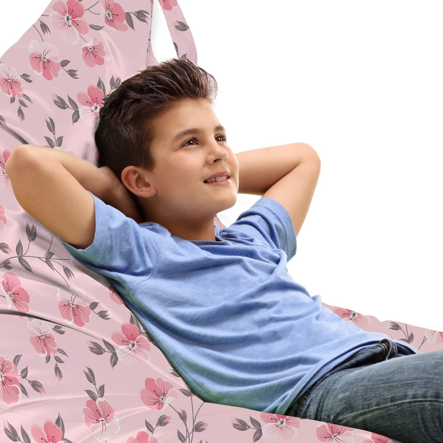 Ambesonne Floral Lounger Chair Bag - Linum Flower Petals Pastel Gardening Blossoms Design - Large Capacity Storage with Handle - Lounger Size - Pale Pink & Grey - Perfect for Beach, Picnic, Camping & Outdoor Relaxation