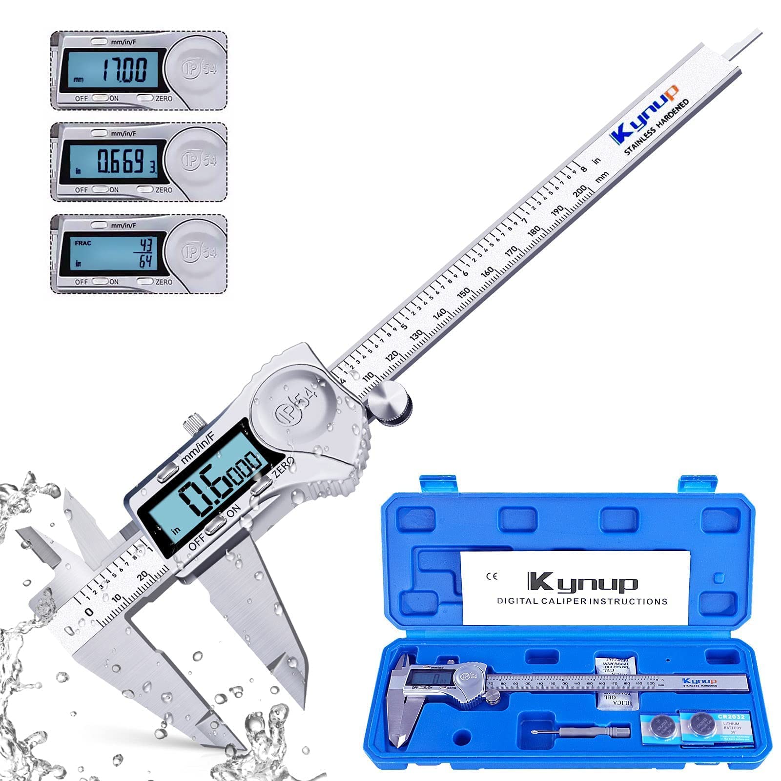 Kynup Digital Caliper - IP54 Waterproof Stainless Steel Electronic Caliper Measuring Tool with Large LCD Screen | Inch/Metric/Fraction Conversion | Perfect for DIY, Woodworking, Metalworking & Engineering Projects