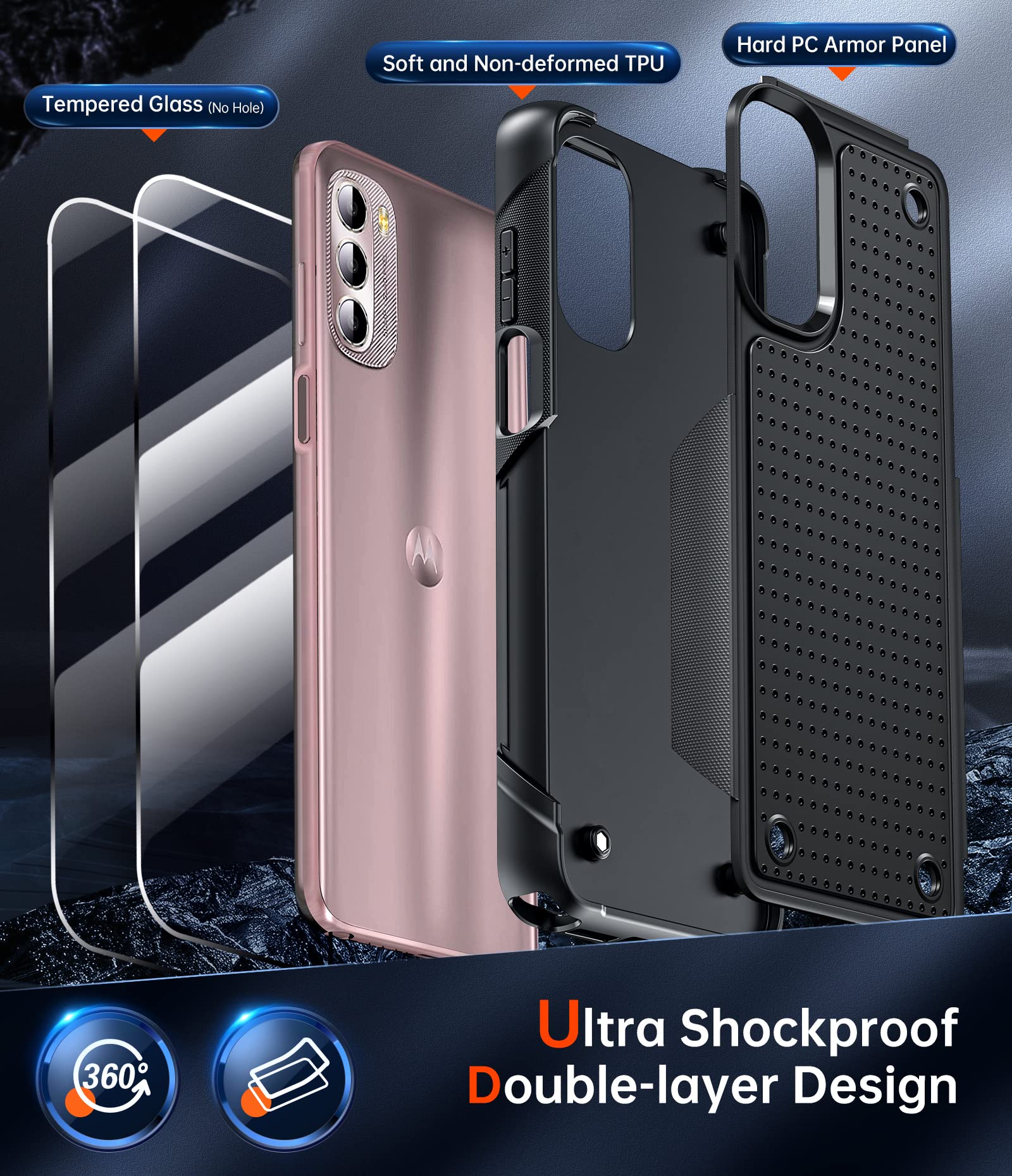 LeYi Shockproof Dual Layer Protective Case for Moto G Stylus 4G 2022 (Black) - Includes 2 Pack Screen Protectors, Hard PC Textured Back & Soft Bumper Cover - Perfect for Daily Use, Work, and Outdoor Activities