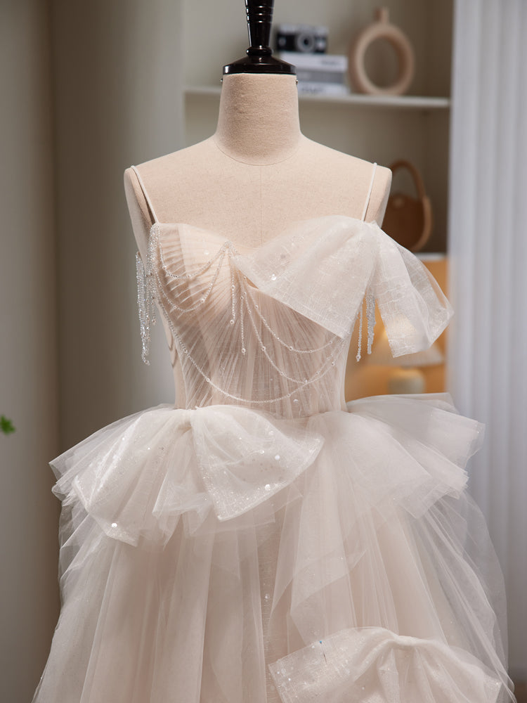 Elegant Light Champagne Tulle Beaded Long Prom Dress - Formal Evening Gown for Homecoming, Wedding, and Special Occasions