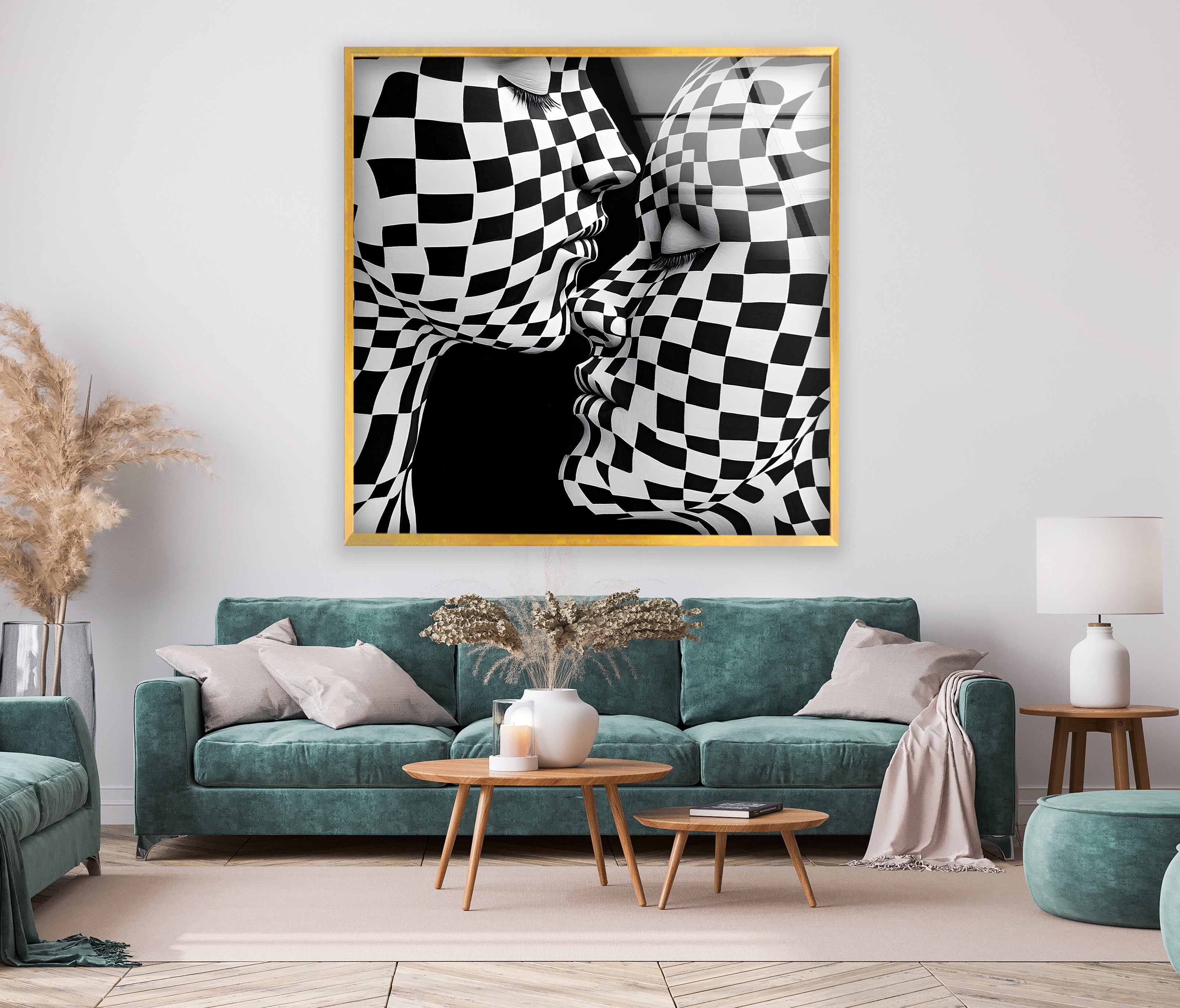 Black and White Kiss Wall Art - Modern Checkered Glass Decor for Living Room, Bedroom & Office - Perfect for Home & Office Décor