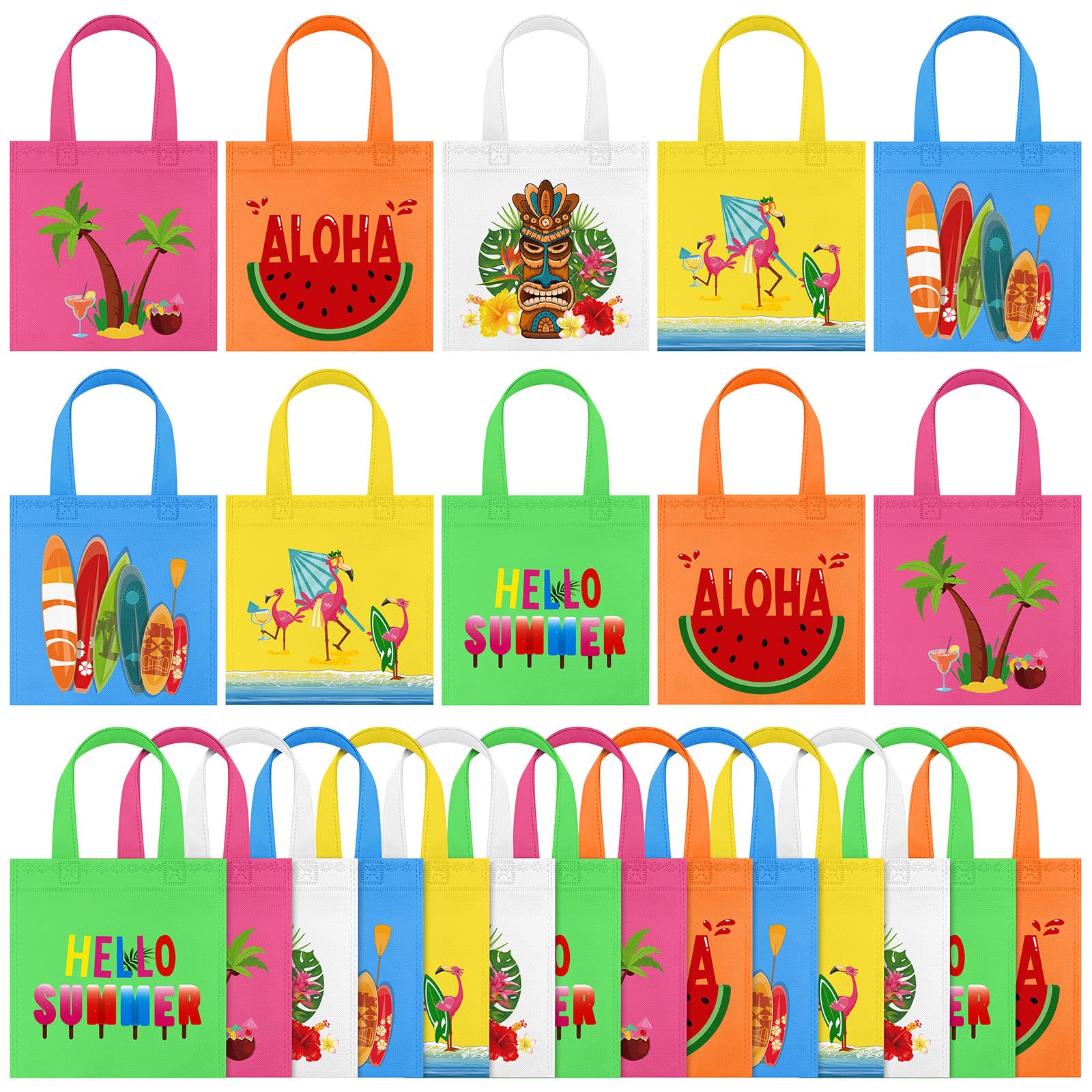 24-Piece Hawaiian Aloha Party Favor Bags - Non-Woven Gift & Treat Tote Bags with Handles for Candy & Goodies - Perfect for Aloha Party Decorations, Birthdays & Baby Showers (7.8 x 7.8 Inch) - Great for Luau, Beach & Summer Themed Events