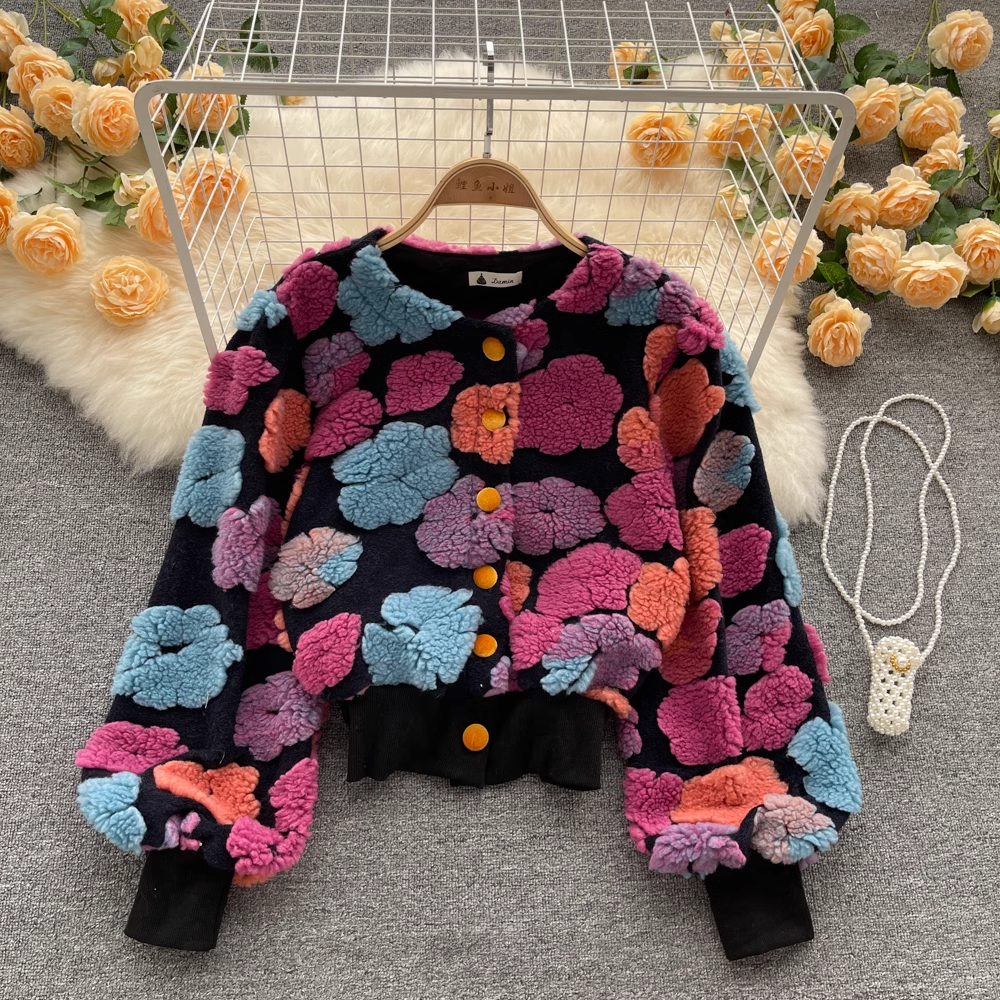 Vintage 3D Floral Cardigan Short Jacket for Women - Cozy Autumn & Winter Retro Style - Perfect for Casual Outings, Office Wear, and Holiday Gatherings