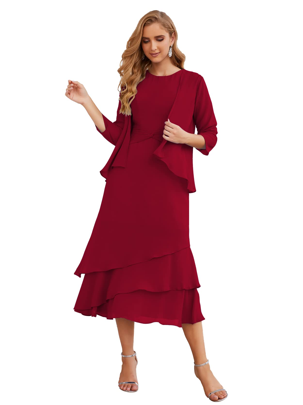 Elegant Chiffon Mother of The Bride Dress with Jacket - Plus Size Formal Prom Gown for Women in Crimson | Perfect for Weddings, Parties & Special Occasions