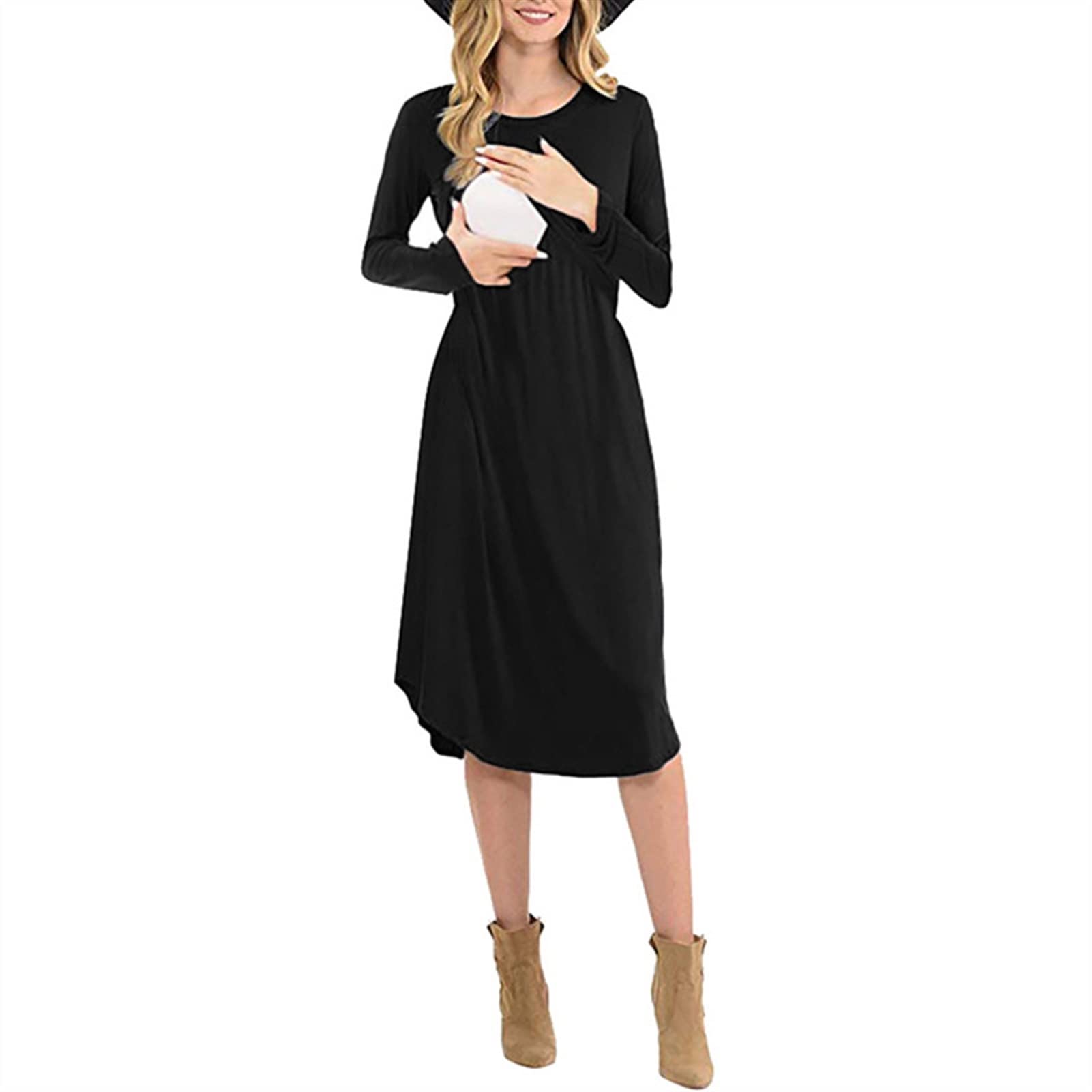 Pure Lactation Nursing Dress for Moms - Long Sleeve O-Neck Maternity Dress with Waist Tie, Breastfeeding & Pregnancy Clothes (Wine Red, XX-Large) - Perfect for Nursing, Hospital Visits & Casual Wear