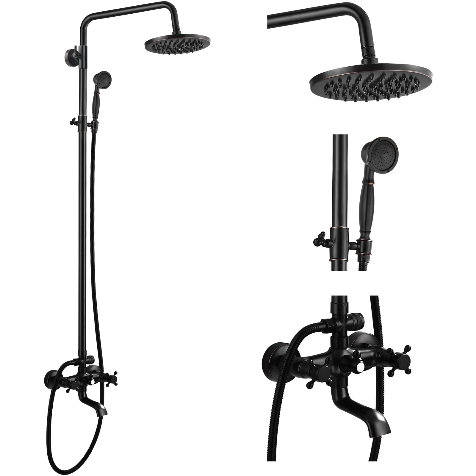 Gotonovo 8-Inch Wall Mounted Outdoor Shower System - Oil Rubbed Bronze Exposed Bathroom Faucet with Adjustable Handheld Sprayer, Double Cross Handles & Tub Spout (No Shelf) - Perfect for Patio, Poolside & Garden Showers