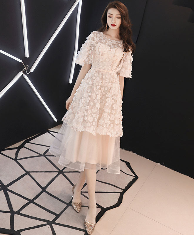 Elegant Champagne Tulle Lace Short Prom Dress - A-Line Evening Gown for Homecoming, Cocktail Parties & Special Occasions