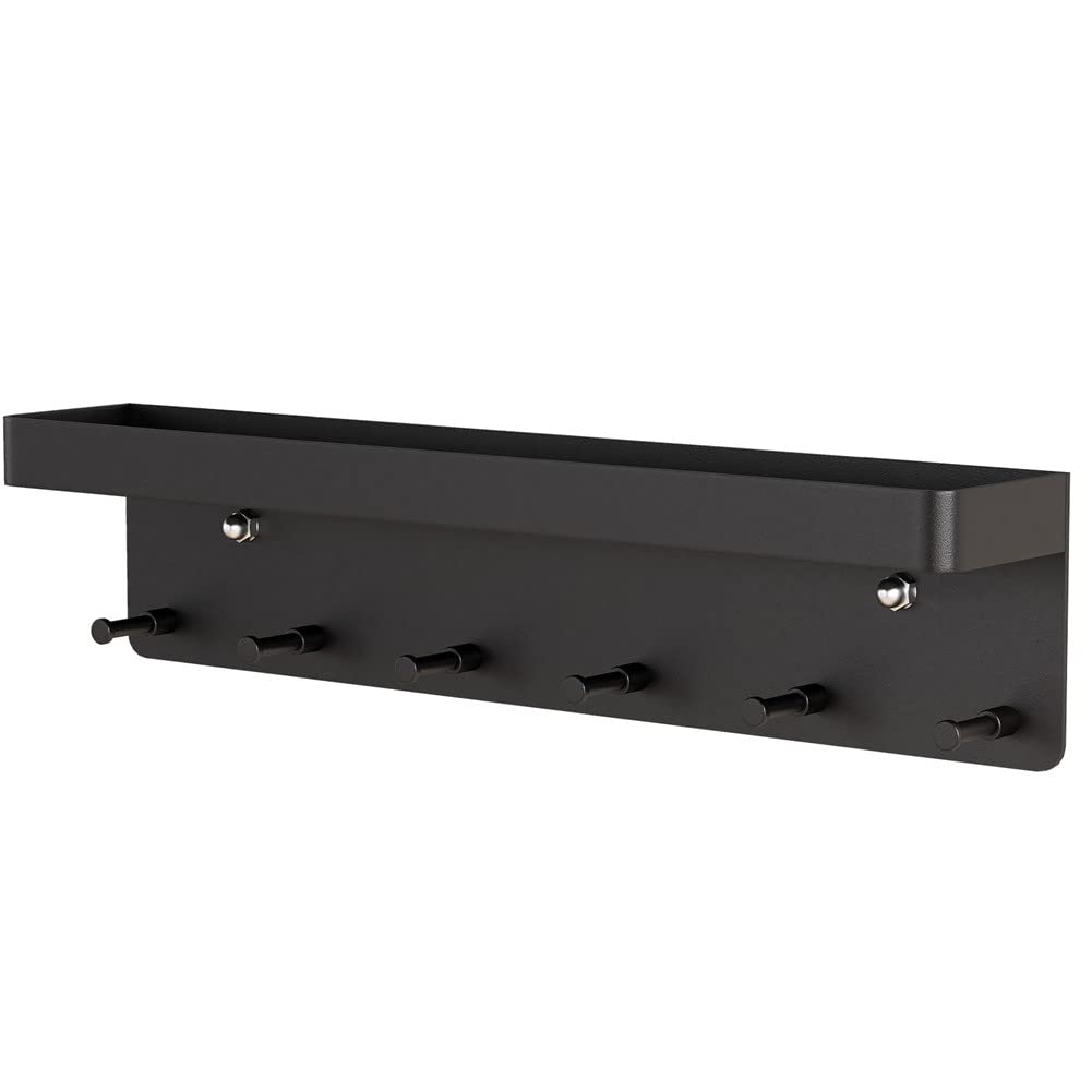 6-Hook Wall Mount Key Holder with Mail Organizer - No Drill Adhesive Key Rack with Tray for Entryway, Hallway, Kitchen & Office - Perfect for Home Organization & Space Saving (Black)