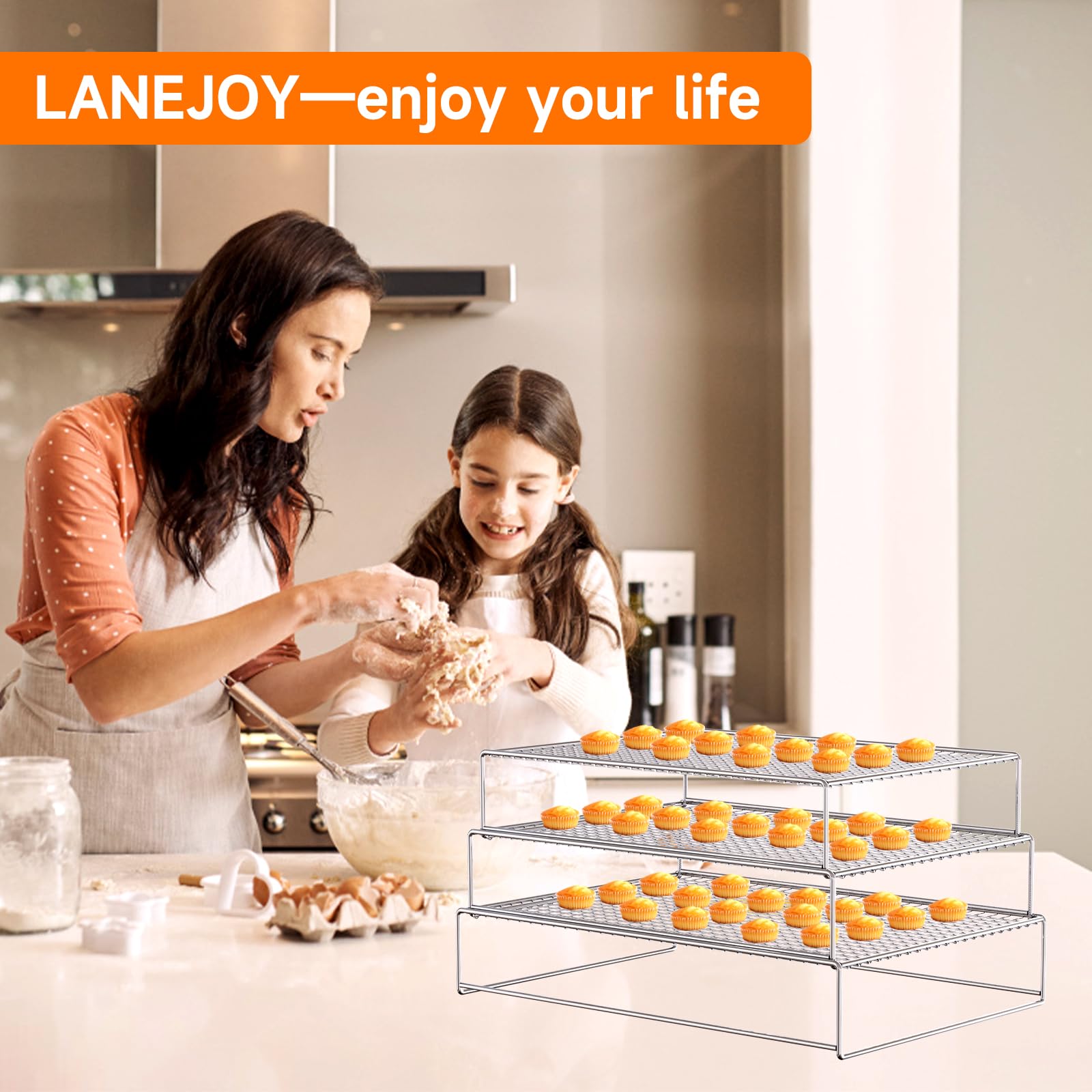 3-Tier Stackable Stainless Steel Cooling Rack for Baking Cookies, Cakes & Bread - Oven & Dishwasher Safe (16.5 x 11.5 x 3.3 Inches) - Perfect for Kitchen Countertop, Pastry Cooling & Meal Prep