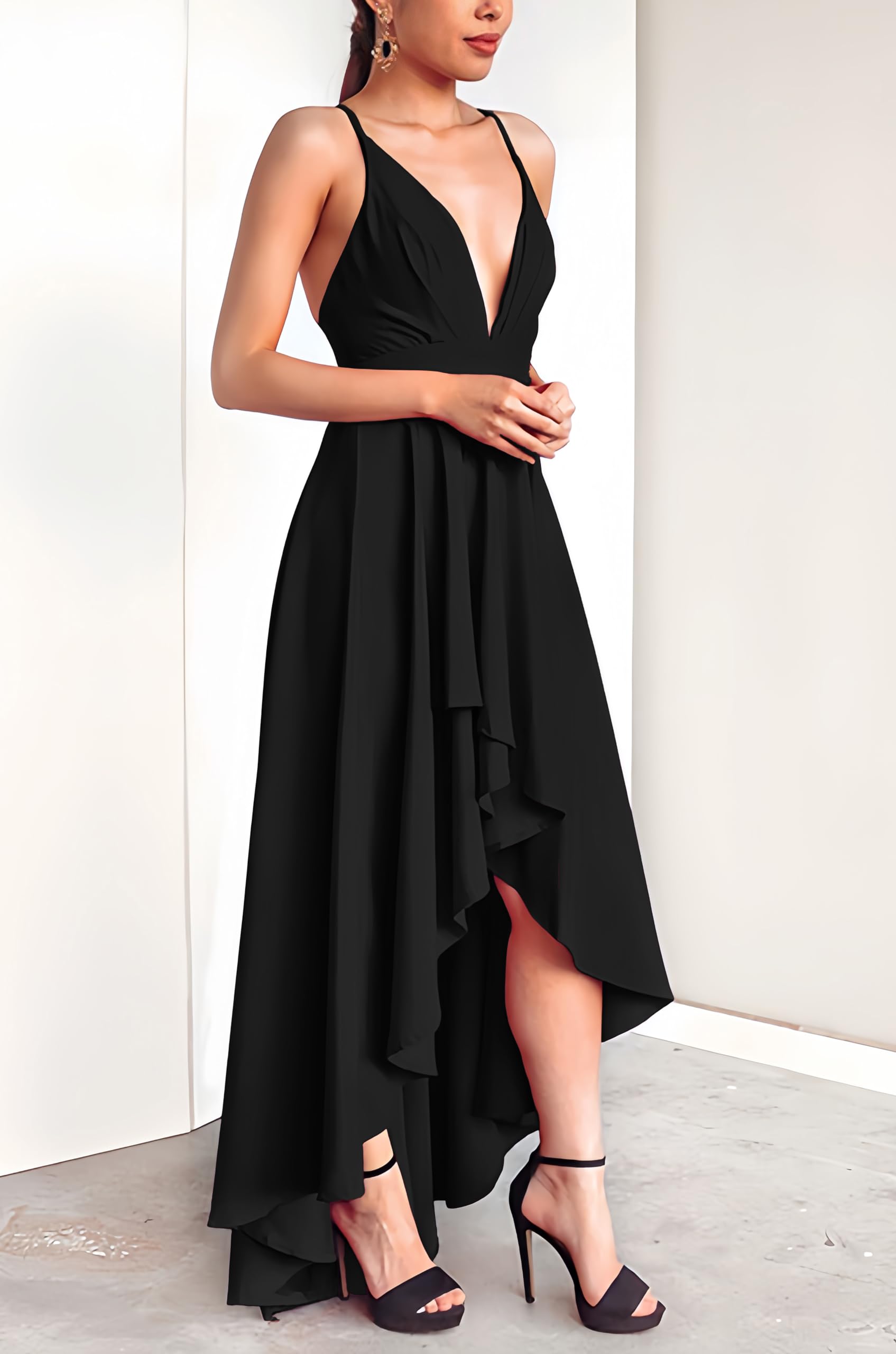 Elegant Women's Deep V-Neck Sleeveless A-Line High-Low Evening Gown - Formal Cocktail Party Dress for Weddings, Galas & Special Occasions