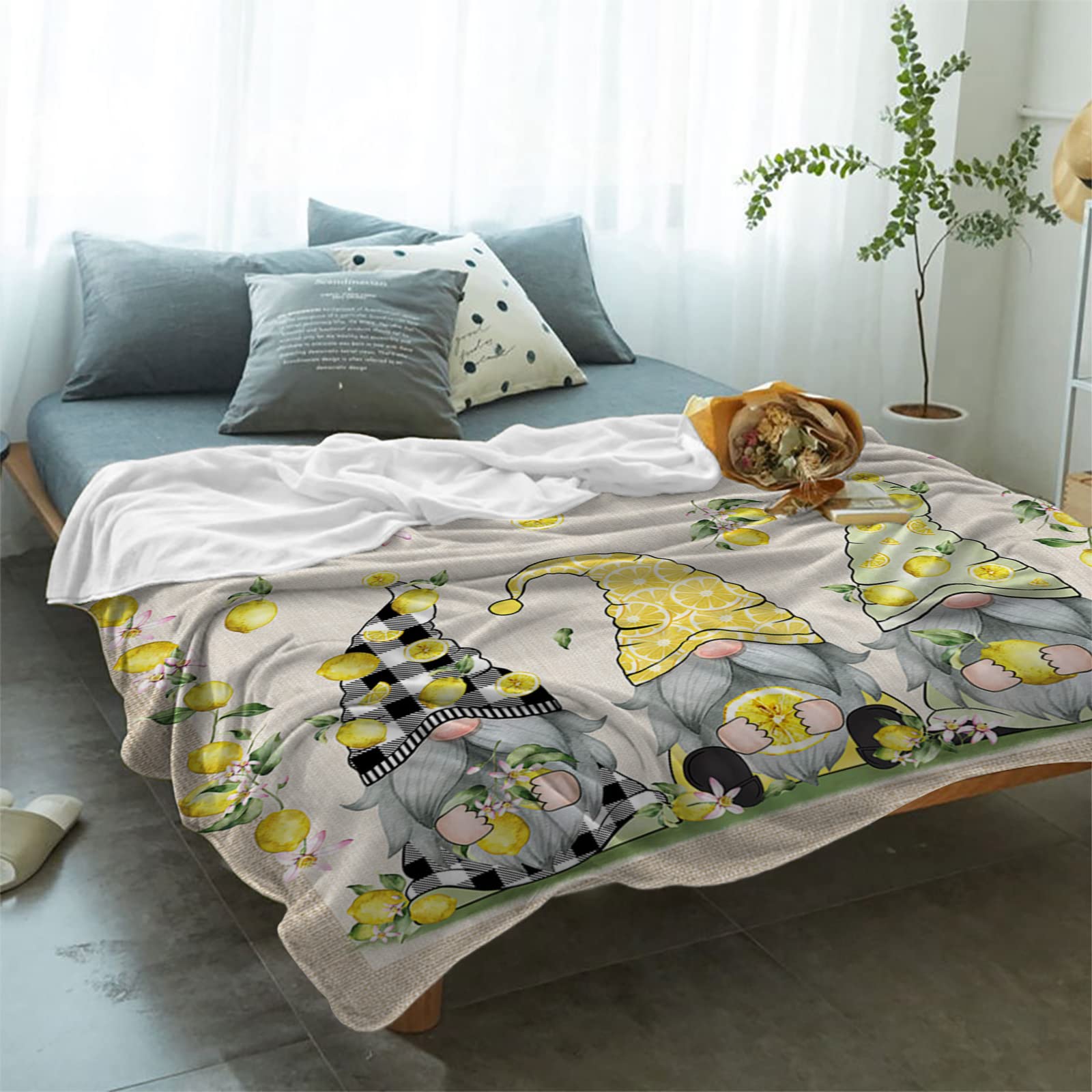 Cozy Microfiber Fleece Throw Blanket - Lightweight Flannel Blanket with Summer Lemon Gnomes & Floral Design (40x50 Inch) - Perfect for Bed, Couch, Sofa - Ideal for Lounging, Netflix Nights & Home Decor