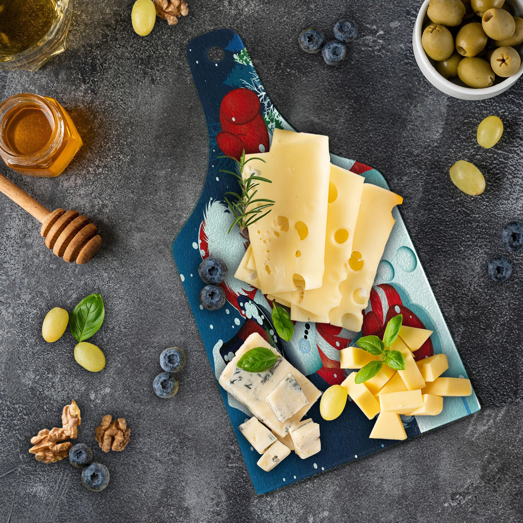Ambesonne Christmas Cutting Board - Smiling Santa Claus Hugging Snowman on Winter Hills with Fir Trees - Durable Tempered Glass Serving Board in Wine Bottle Shape (Blue, Red, White) - Perfect for Holiday Entertaining, Cheese Platters & Festive Decor