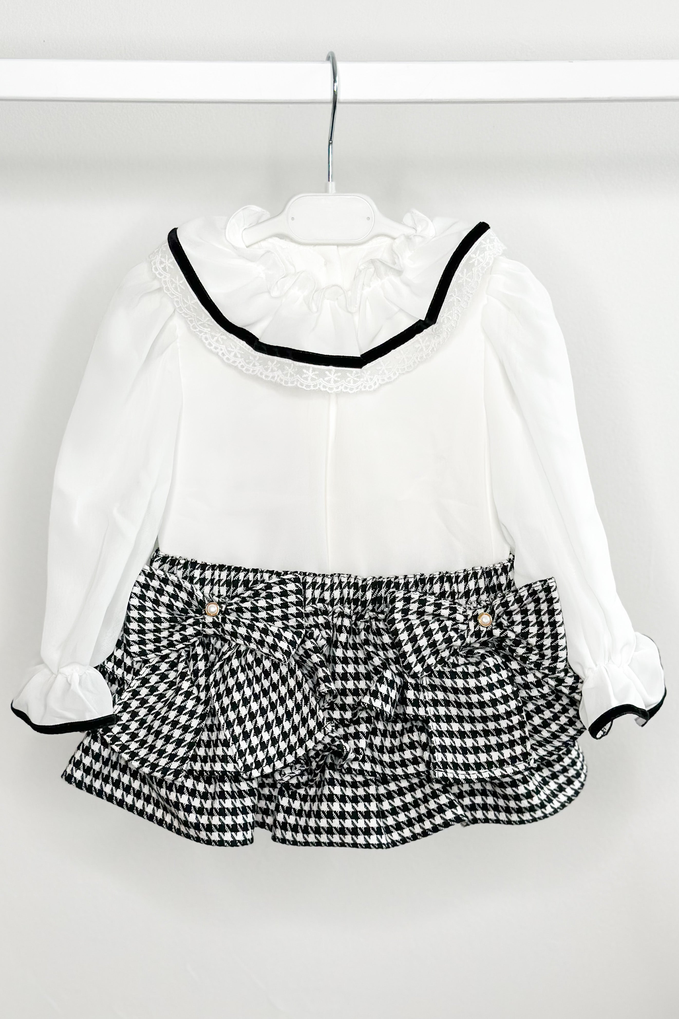 Dixie Blouse & Black Houndstooth Skort Set - Women's Vintage Style Top and Skirt Outfit for Casual Wear, Office, and Date Night