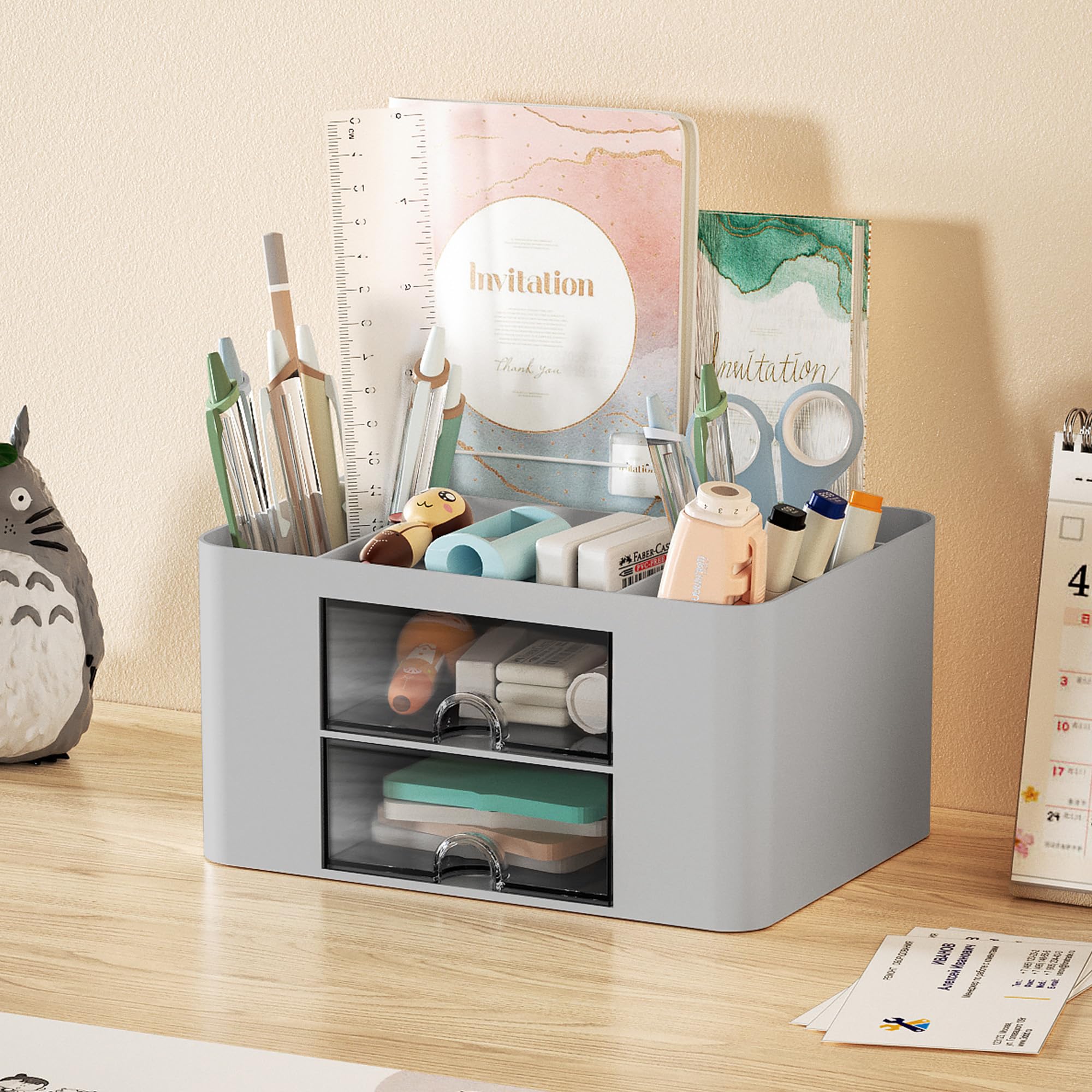 Premium Marbrasse Pen Organizer with 2 Drawers - Multi-Functional Desk Pencil Holder & Office Supplies Organizer - 5 Compartments + Storage Drawers for Pens, Markers, Art Tools - Perfect for Home Office, School & Craft Room (Grey)