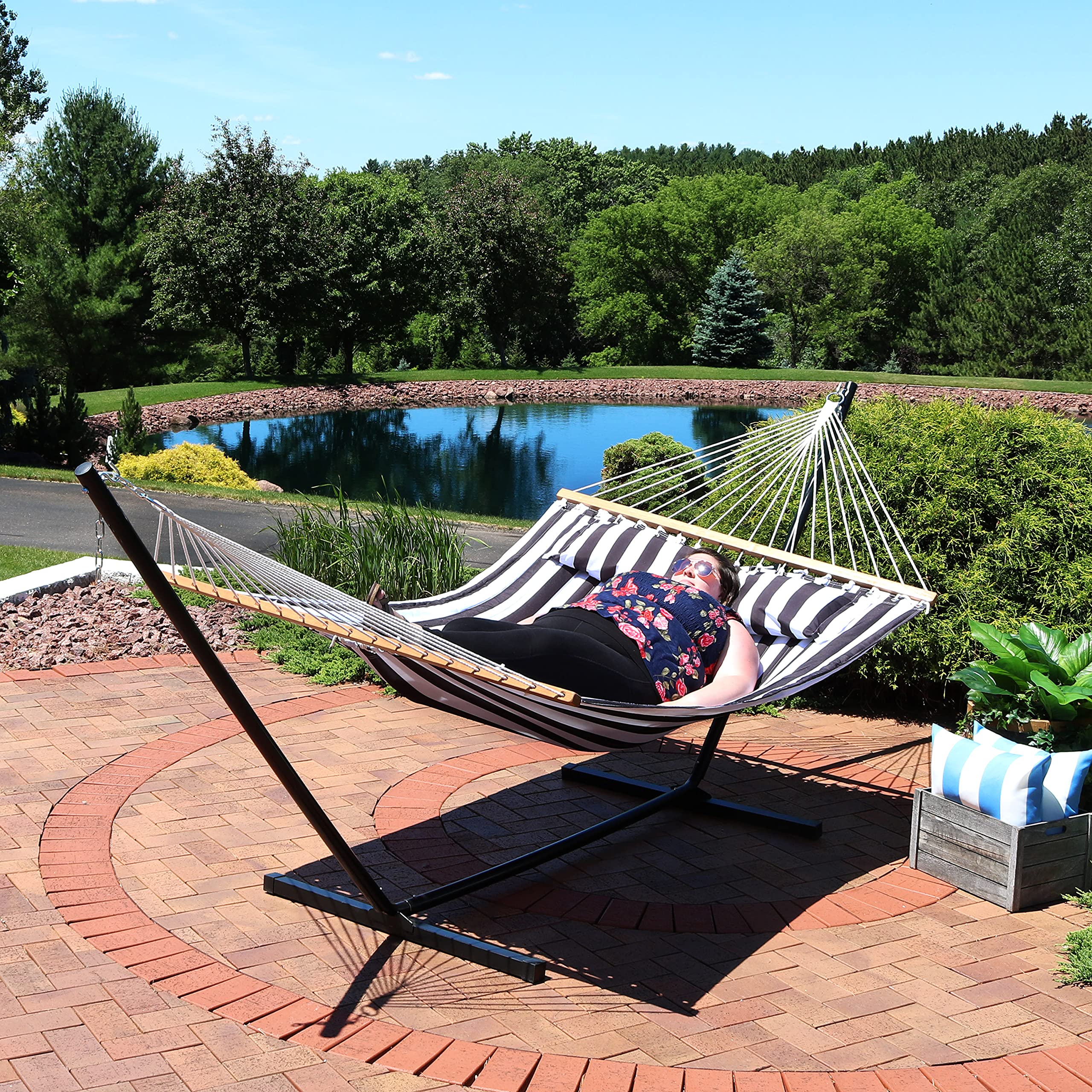 Sunnydaze Quilted Double Hammock with Stand for Outdoor Relaxation - 350lb Weight Capacity 2-Person Hammock with 12ft Steel Stand - Black & White Stripe Design - Perfect for Backyard, Patio, Camping & Beach Use