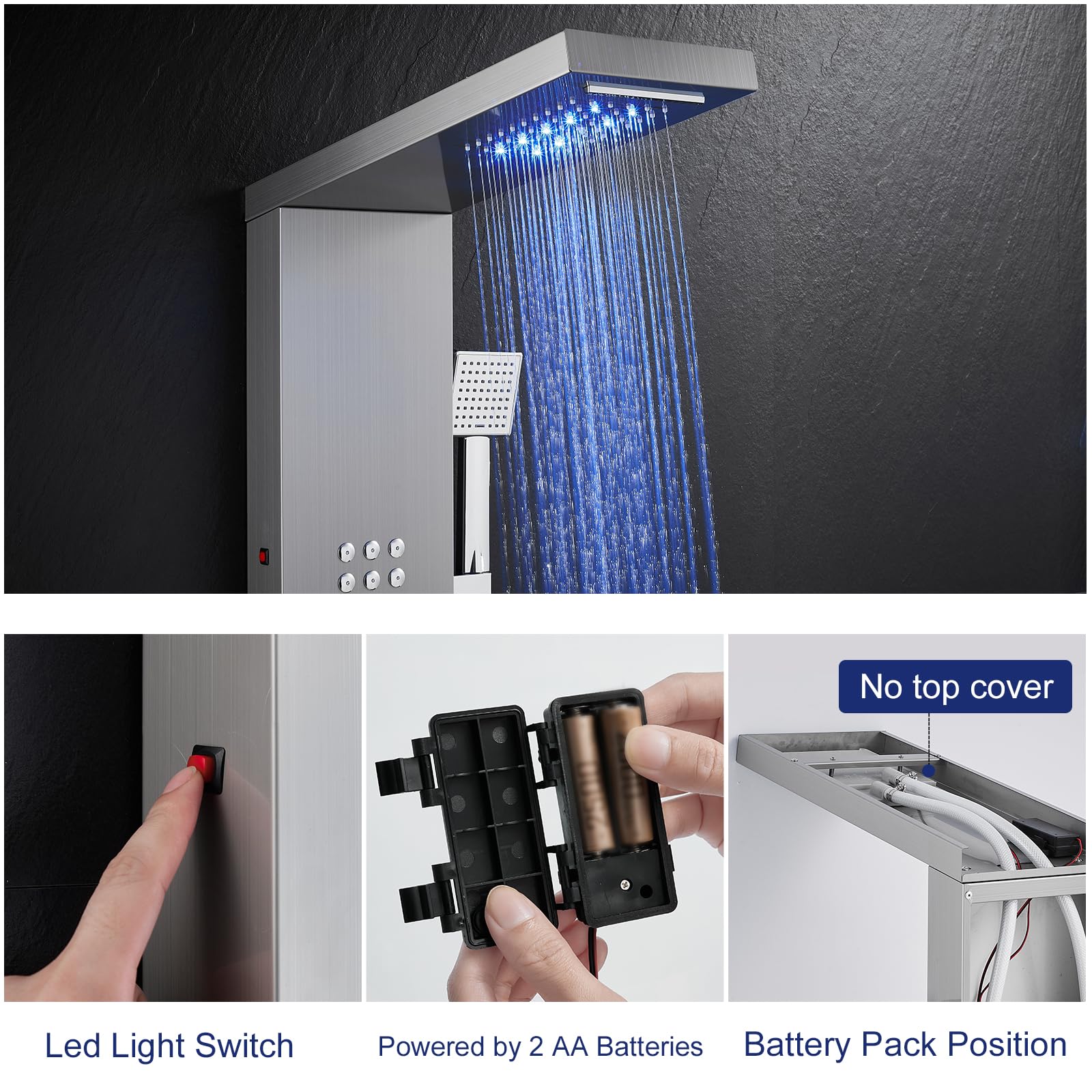 ROVATE 5-in-1 LED Shower Panel Tower System - Brushed Stainless Steel Rainfall Shower with Waterfall, Massage Jets & Handheld Sprayer - High Pressure Shower Column with Tub Spout for Luxurious Bathroom Upgrade (Perfect for Master Bath, Spa-Like Experience)
