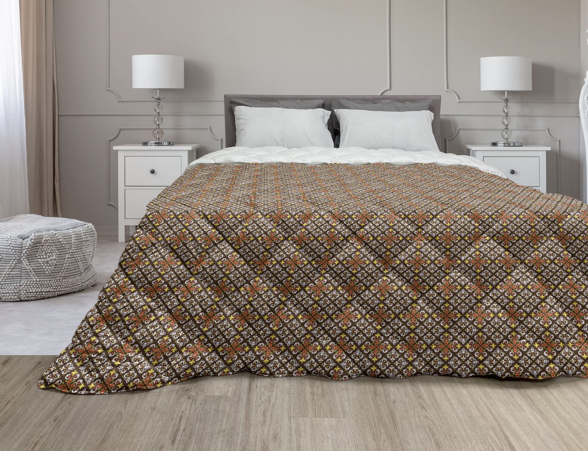 Ambesonne Bohemian Down Alternative Comforter Set - Twin Size Microfiber Quilt with Traditional Oriental Damask & Geometric Folk Art Pattern in Yellow, Brown & Orange | All-Season Lightweight Bedding for Guest Rooms, Dorms & Bohemian Home Decor