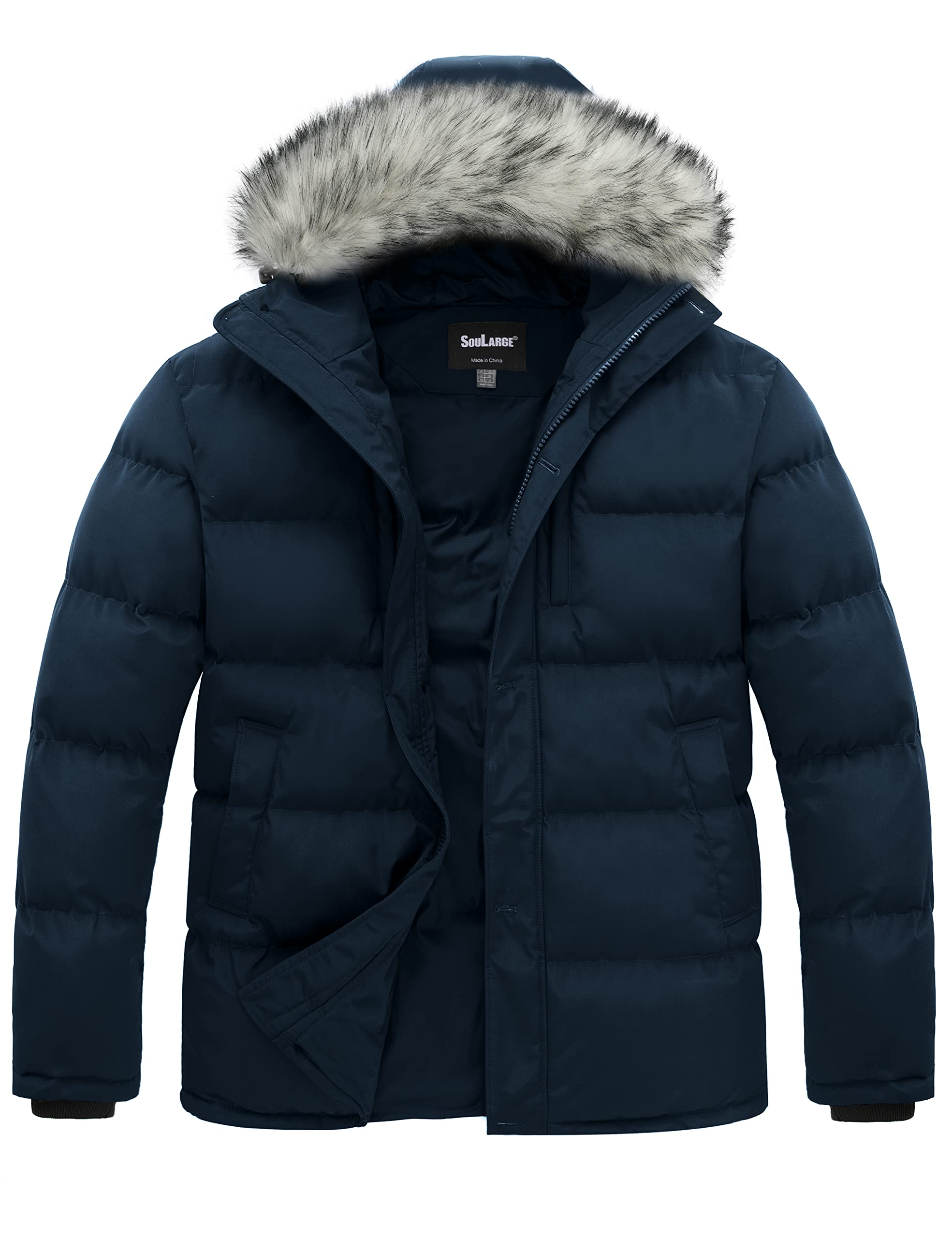 Soularge Men's Big and Tall Thickened Padded Winter Parka Coat with Detachable Hood - Warm Windproof Jacket for Outdoor Activities, Snow Sports & Cold Weather