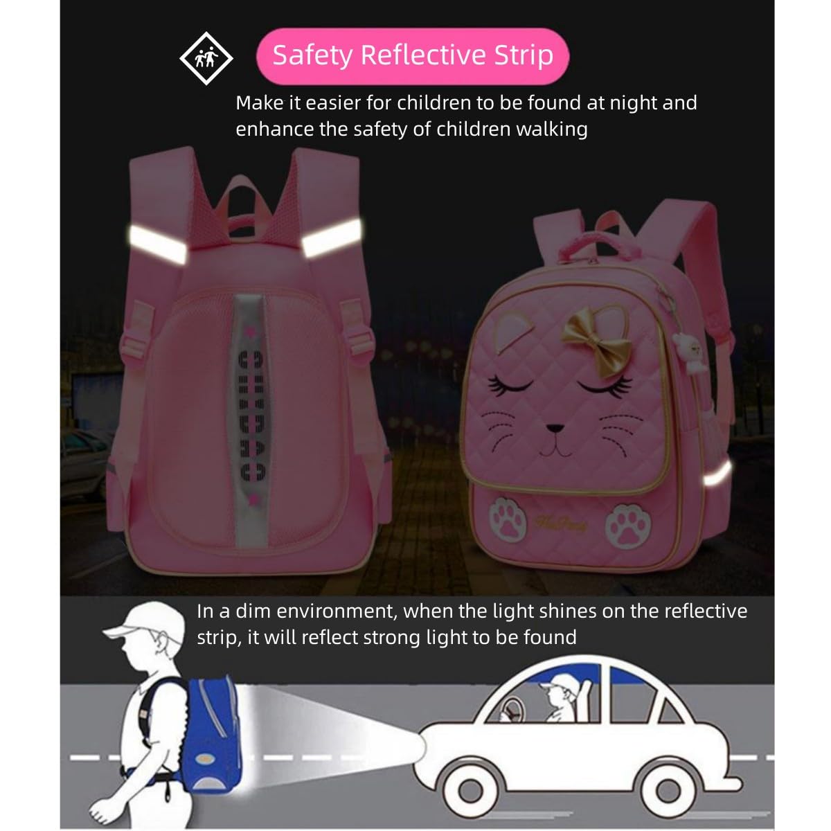 Cute Cat Face Rolling Backpack for Girls - Pink 6-Wheel Trolley School Bag with Bowknot | Kids Travel Luggage & Carry-On for School, Airplane, and Daily Use