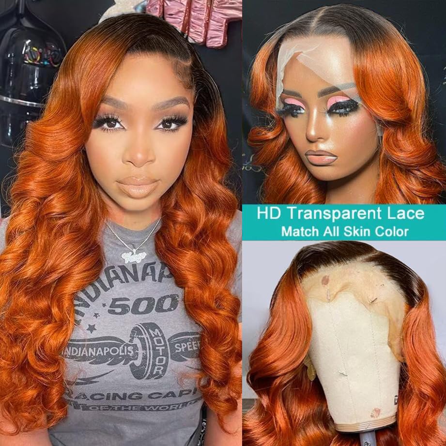 YMS 13x4 Lace Front Wigs Human Hair 180% Density - Ombre Orange Body Wave Wig with Bleached Knots & Baby Hair | Pre-Plucked Transparent Lace Wig for Women (16 Inch) | Perfect for Daily Wear, Cosplay, and Special Occasions