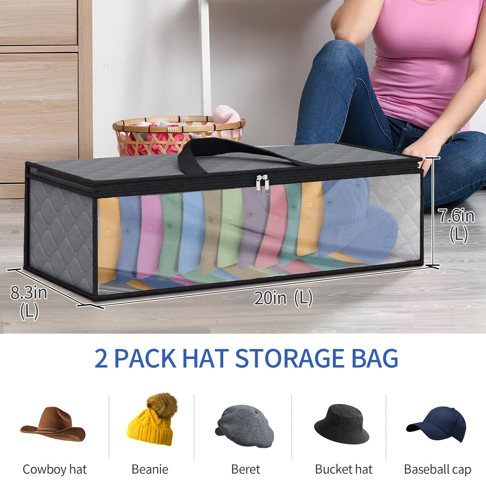 Fixwal 2-Pack Grey Hat Storage Organizer - Baseball Cap Holder Case with Dustproof & Moisture-Proof Design, 2 Carry Handles for Closet - Holds Up to 20 Hats | Perfect for Travel, Sports Gear & Home Organization