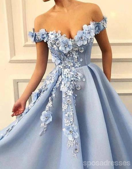 Handmade Blue Off Shoulder Long Prom Dress with Floral Details | Elegant Evening Party Gown for Women | Perfect for Prom, Homecoming, and Formal Events