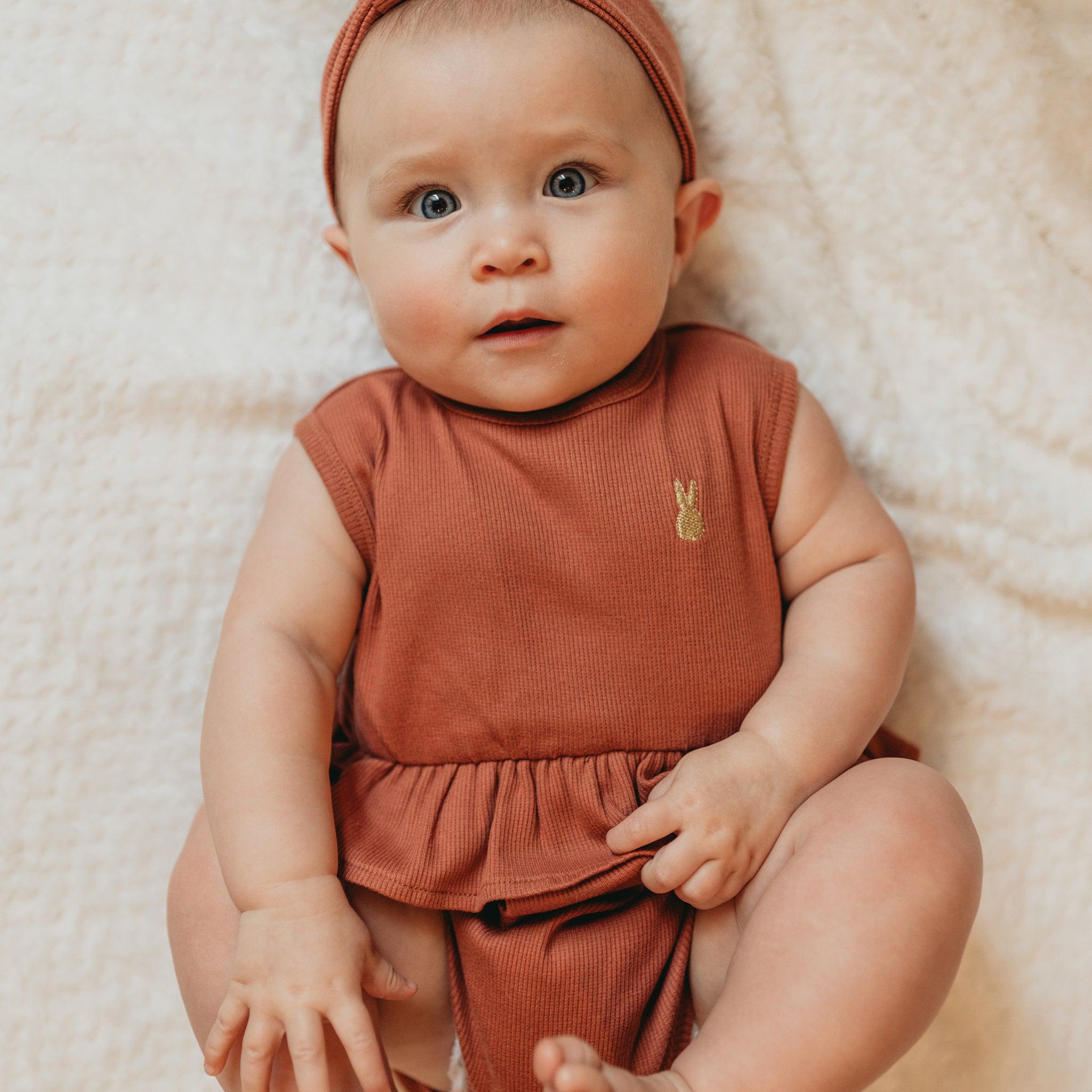 Organic Cotton Ruffle Waist Romper for Baby Girls - Soft & Comfortable One-Piece Outfit - Perfect for Playtime, Photo Shoots & Special Occasions - Paprika Color