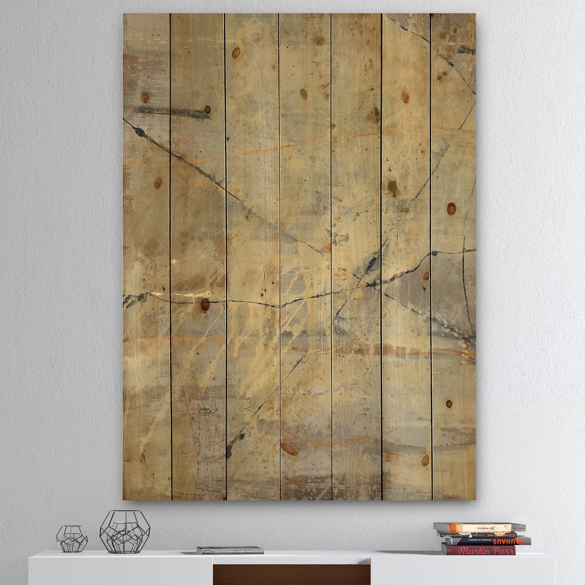 DesignQ Geometric Cream Block III Modern & Contemporary Wood Wall Decor - Grey Abstract Wood Wall Art Panels Printed on Natural Pine - Perfect for Living Room, Bedroom & Office Decor
