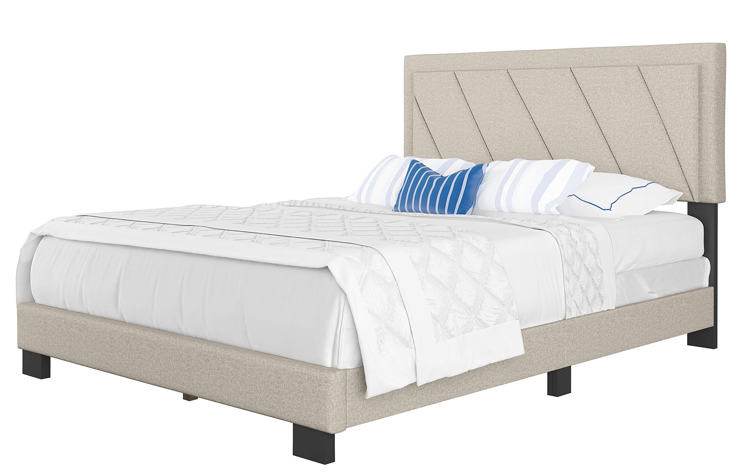 Boyd Sleep Diagonal Upholstered King Platform Bed with Headboard & Mattress Foundation - 4 Wood Slat Support System, No Box Spring Needed - White Upholstered Bed Frame for Master Bedroom & Guest Room