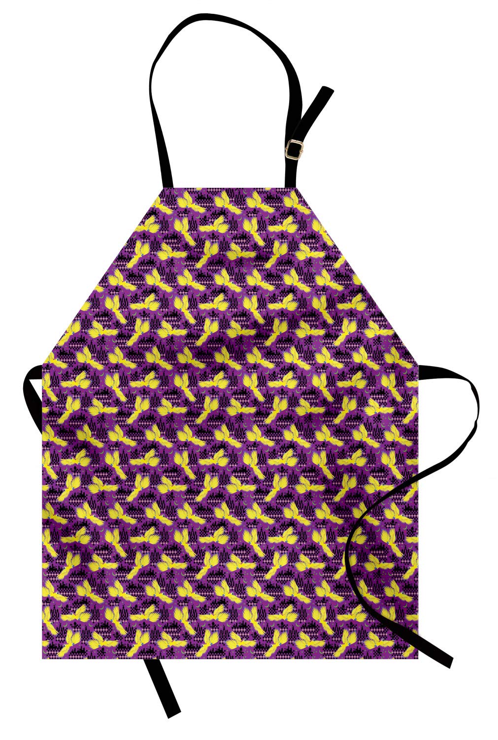 Ambesonne Tropical Apron - Exotic Parrot Birds Design with Oriental Boho Backdrop | Adjustable Neck Unisex Kitchen Bib for Cooking, Baking & Gardening | Adult Size Mustard Dark Grey & Purple | Perfect for Home Chefs, BBQ Parties & Outdoor Activities