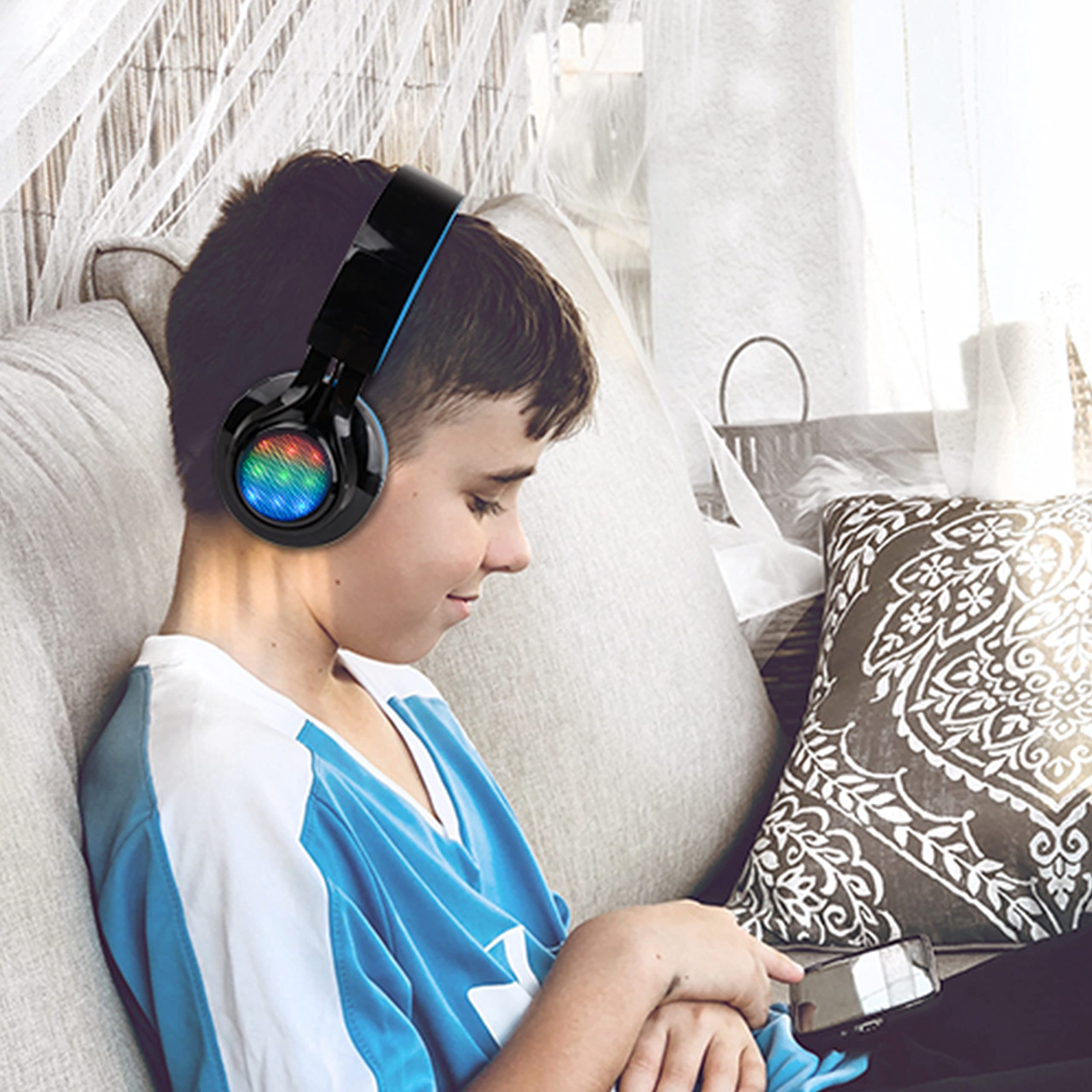 Riwbox AB005 Kids Wireless Bluetooth Headphones V5.2 with Microphone, Foldable Design, TF Card Slot, FM Radio & LED Lights - Compatible with Phones, PC, TV (Black & Blue) - Perfect for School, Travel, and Home Entertainment
