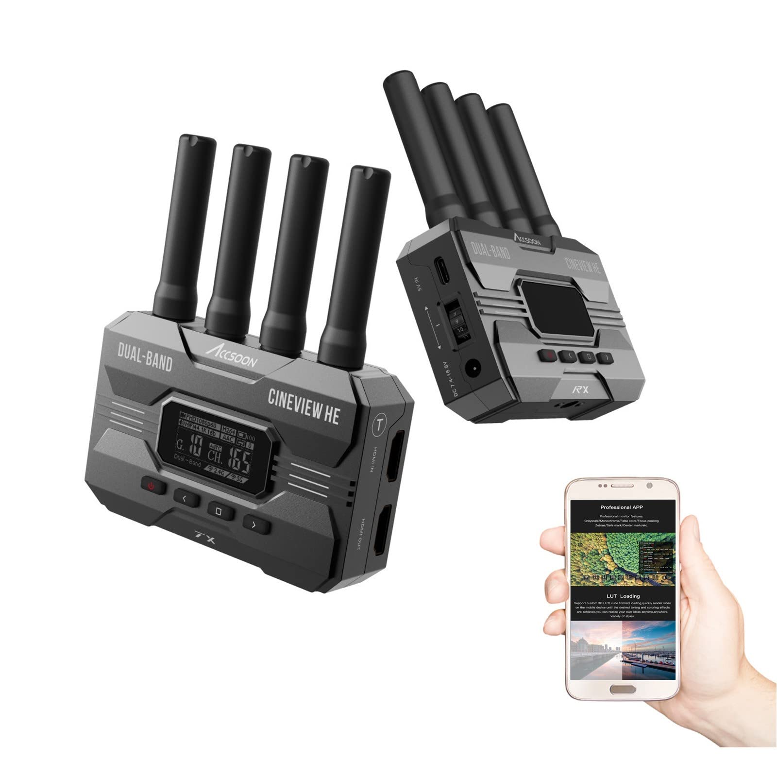 Accsoon CineView HE HDMI Wireless Video Transmitter & Receiver Kit - 2.4GHz/5GHz Dual-Band System, 0.06s Low Latency, 1200ft Range, 4-Device Monitoring for Film Production, Live Streaming & Broadcast