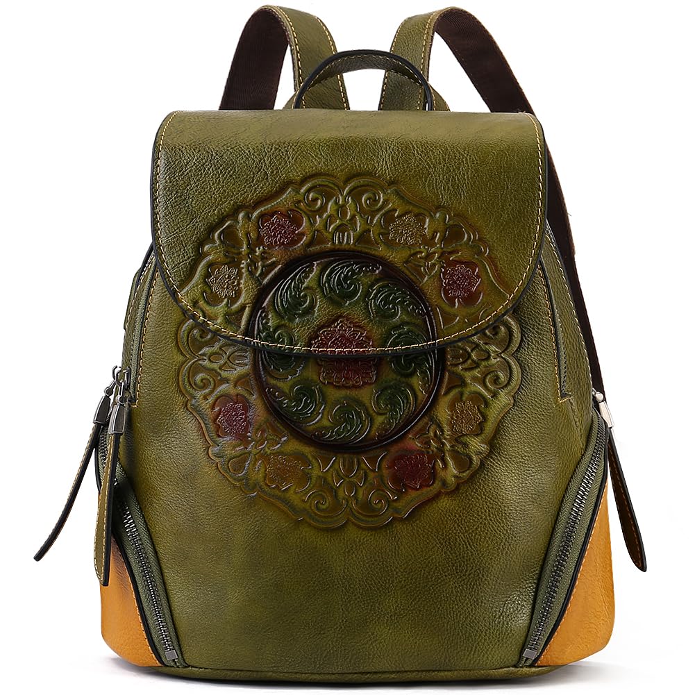 Genuine Leather Backpack Purse for Women - Vintage Embossed Totem Design, Green - Perfect for Travel, Work & Everyday Use