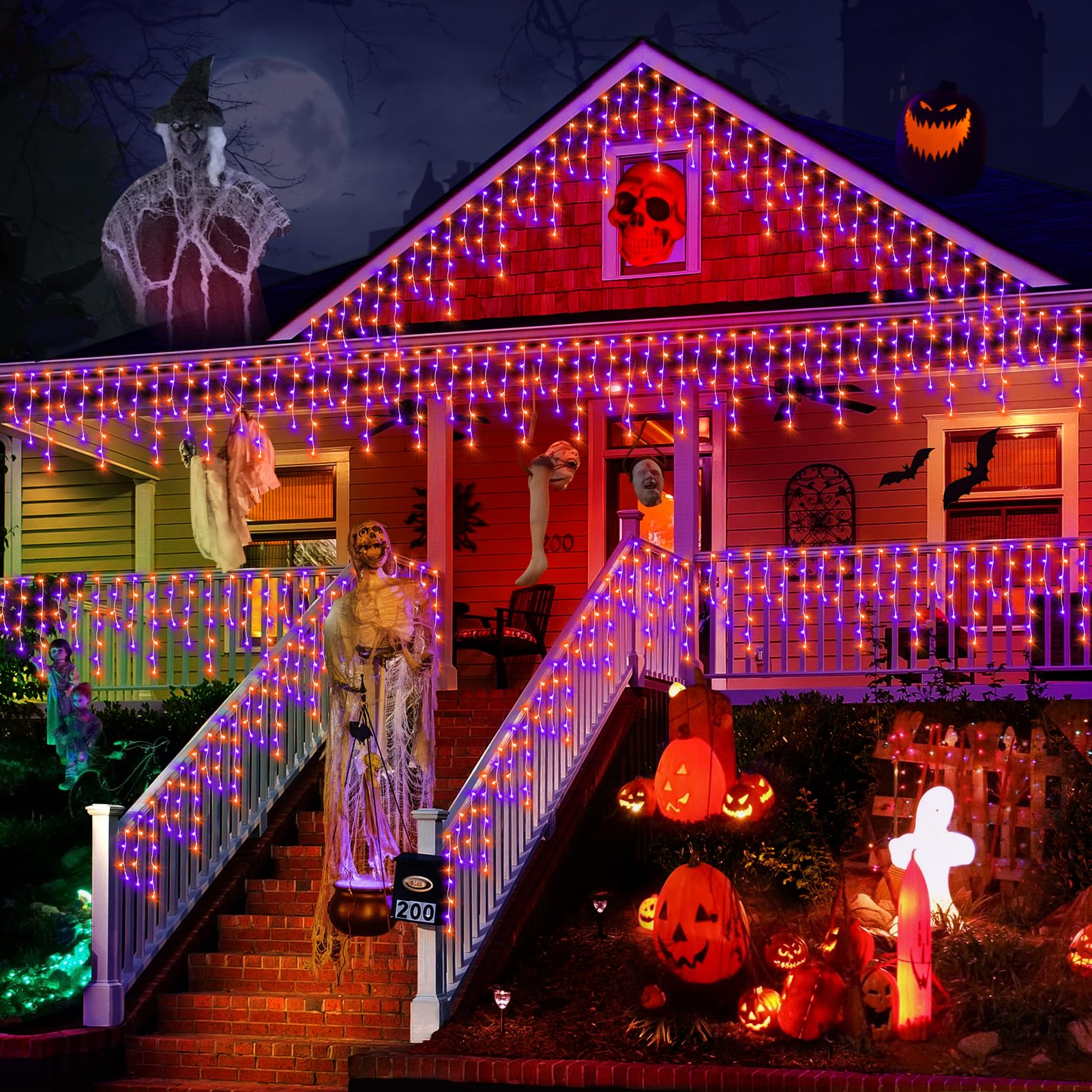 KNONEW 33FT 400 LED Orange Purple Halloween String Lights - 75 Drops, 8 Lighting Modes, Timer Memory, Connectable - Outdoor Hanging Curtain Lights for Halloween Party, Christmas, Garden, and Home Decor