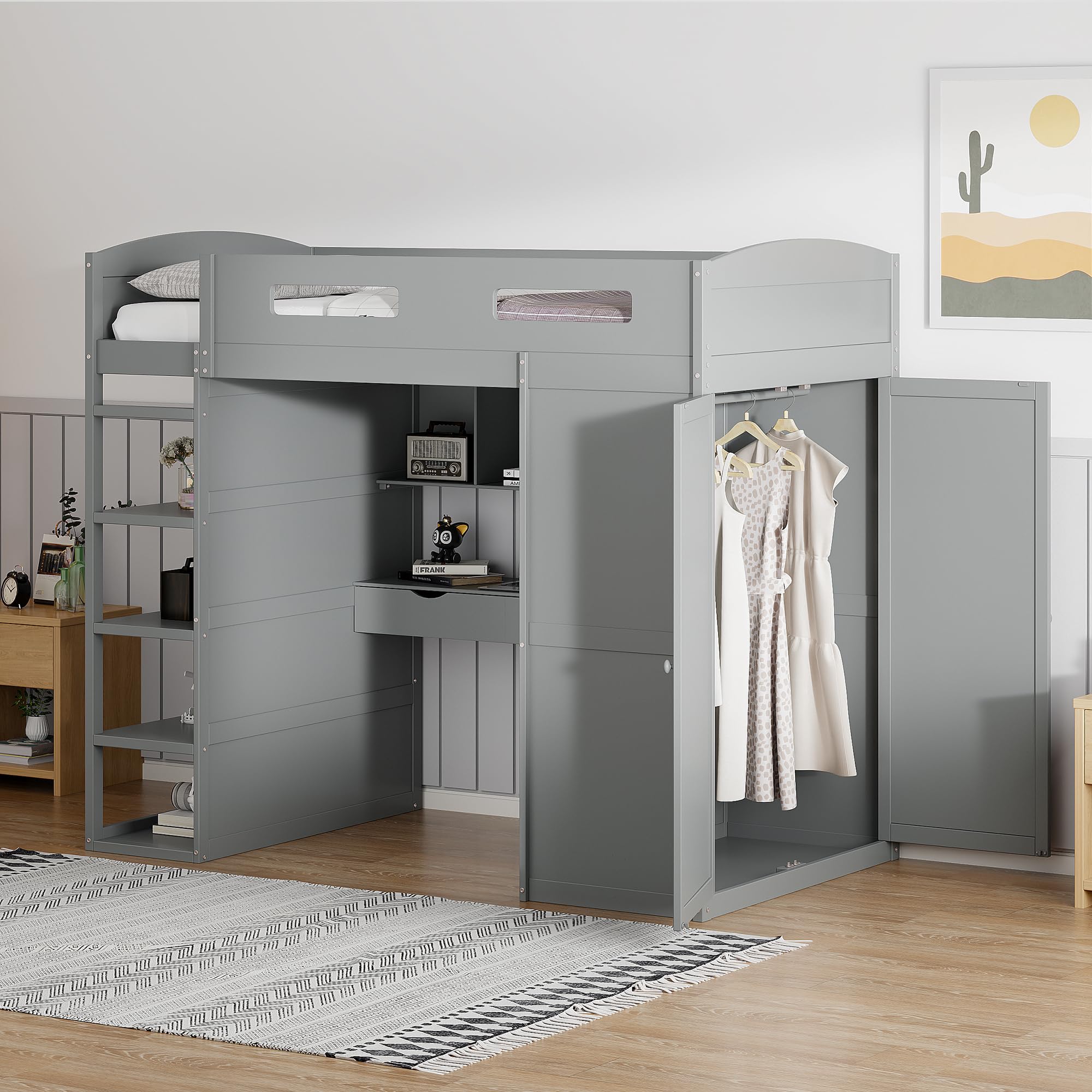 Twin Loft Bed with Desk & Wardrobe - Wooden Kids Bed with Storage for Small Spaces